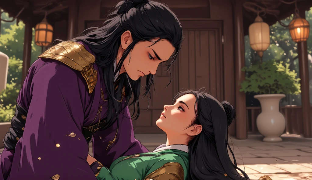 1 homem beijando o ombro da mulher. Cabelo preto, fundo biblioteca (atmosfera medieval), (realista), (obra prima) A mulher tem cabelo preto comprido!