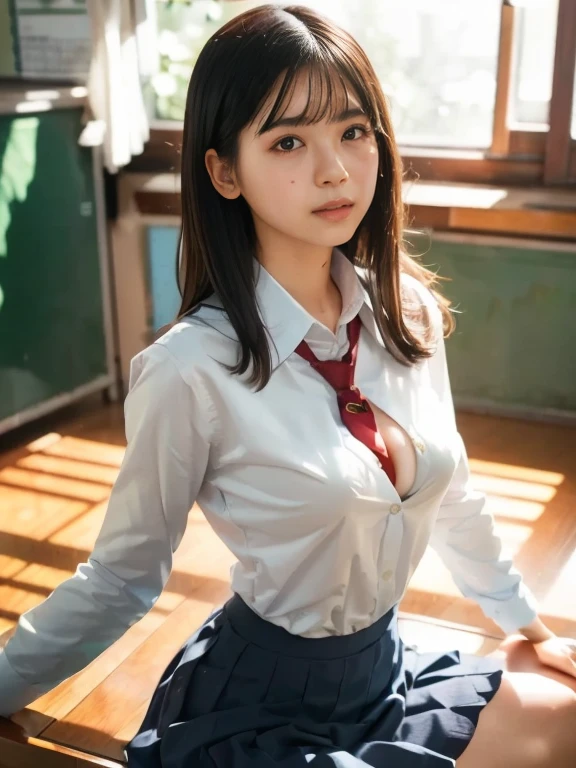 I can see the nipples、(1 young girl), (very detailed美しい顔), great look and best quality:1.4), (super detailed), (very detailed CG 統合 8k 壁紙), very detailed, High resolution raw color photos, professional photography, realistic portrait, wonderful face and eyes, pink eyes, (Schoolの制服, pleated mini skirt:1.3), (High school uniform with wide open chest:1.4), twin tails, brown hair, model, (((Bokeh))), Depth of bounds written, School, classroom, (squat:1.2), (Light lace panties:1.2), view from below