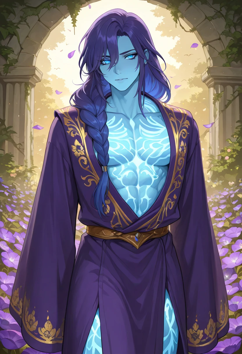 Model shoot style, (extremely detailed CG 8k wallpaper), body photo of the most beautiful artwork in the world, (((intricate design))) (((top quality))) (((16K))) (((high definition))) 16K splash art, (((photorealistic))) high-res, ultra sharp, ((masterpiece)), the best quality, expressive eyes, perfect face, (((sexy purple robes))) super eyes, perfectly detailed anatomy (((volumetric lighting))) (((natural lighting))) (((1Male))) (((bodybuilder))), (((hyper muscular))) (((hyper pecs))) (((broad shoulders))) (((purple male humanoid))), (((he has purple skin))) humanoid flower, flower tattoos, flower garden, (((Purple Skin!))), (((purple long hair!))) (((purple skin tone!))) (((purple skin complexion))) fruity, zesty personality, deity, elf ears, god of flowers, flower headdress, earrings, green glowing eyes, bloom, handsome humanoid male, spreading his pheromones, flower clothing, plants, pot plants, blooming, textured skin, wisdom, spiritual,