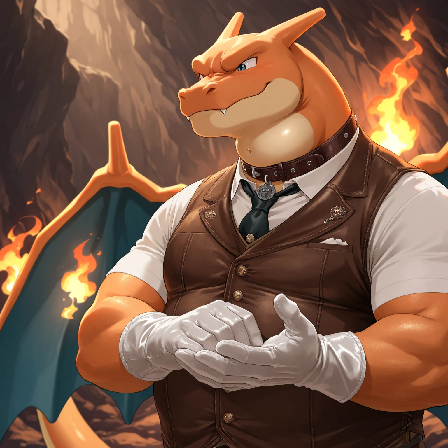 Solo, Male, fat, extremely obese, gentleman, dapper Professor Charizard, blue eyes, (posing:1.3), (soft shading), 4k, hi res, ((detailed face, detailed)), looking at viewer, evil grin, steampunk, collared shirt with buttons, top hat, male focus, Explorer Outfit, glasses, monocle, bag, vest with buttons, backpack, sleeves rolled up, round eyewear, brown headwear, brown vest, Charizard is wearing a glossy leather dog collar around the neck, Charizard is wearing the leather collar and shirt and vest at the same time, Charizard is wearing glossy white rubber gloves on the hands, wearing white rubber gloves on the feet, Charizard is wearing glossy white cuffs around the wrists with cufflinks, gloves are rubber in texture, clenching teeth, clenching fists, leather collar is glossy and shiny with a lot of detail, Charizard is wearing gloves and cuffs and cufflinks at the same time, leather collar has a round dog-tag, leather collar is thick and detailed.