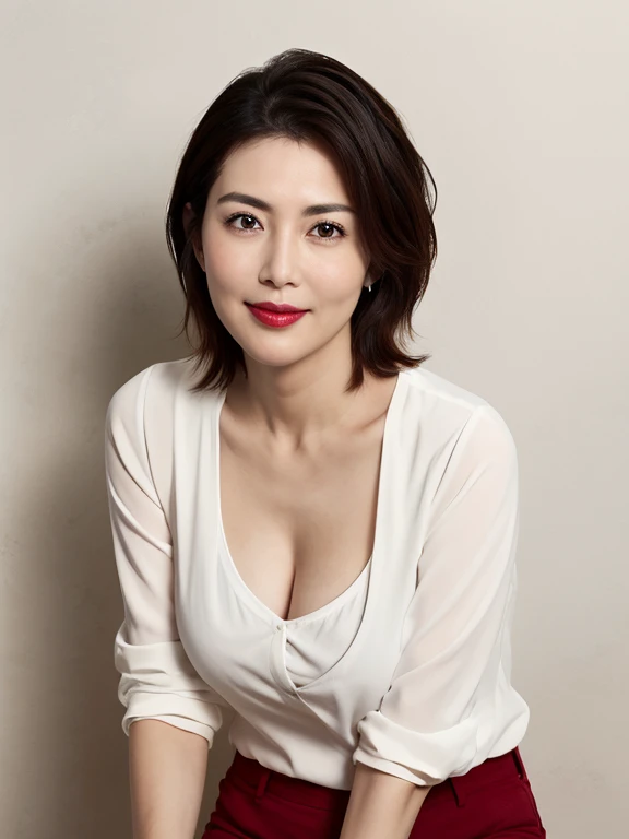8k wallpaper, masterpiece, highest quality, Ultra-detailed, One mature woman, 50 years old, Highly revealing, Wearing a sweaty white shirt, Skin dents, A seductive smile, Looking at the audience, Cleavage, plump, Curvaceous, Seductive face, Mischievous face, was happy, Sitting at a cafe, Background Blur