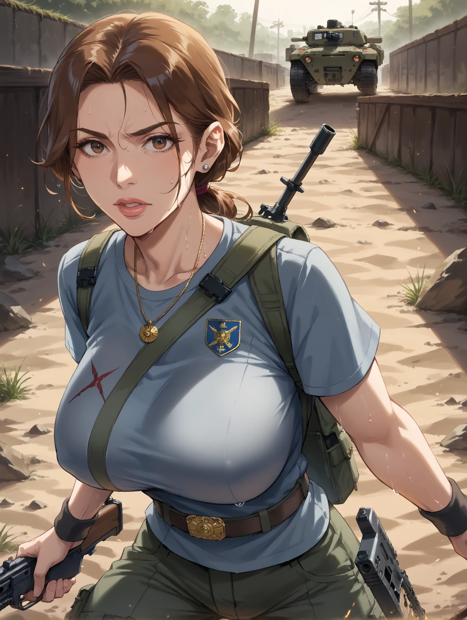 solo thick figure thick thighs size huge breast size huge hip blue eyes tan skin girl short dark brown messy hair wear fingerless gloves wear short crop top hoodie wear short crop jean ripped wear holster wear black stocking tight outfit holding a rifle on hands wear tactical backpack wear tactical goggle on head 