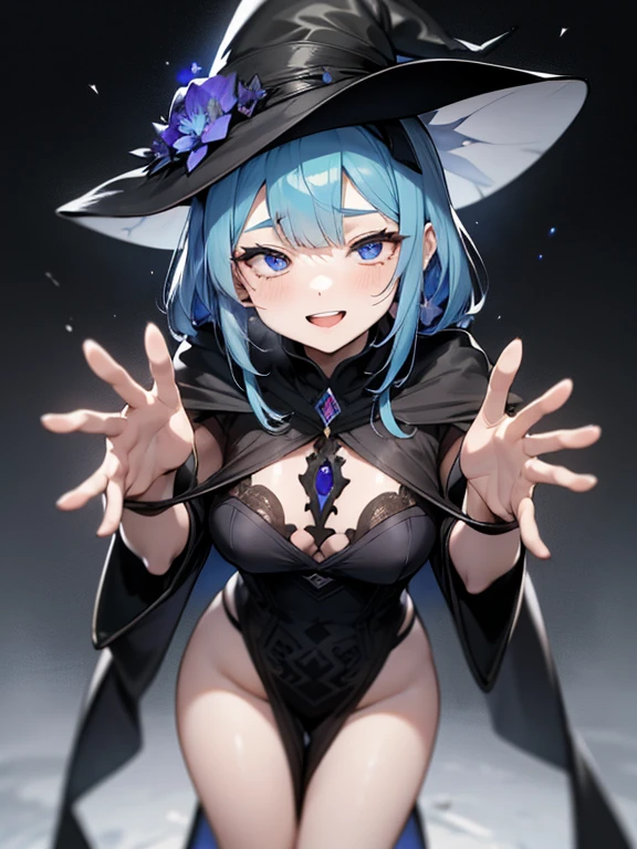gorgeous 1girl, monster girl, (doll:0.65), nude, naked, flexible, medium breasts, breasts, cute, lovely, RAW, (pointy hat, lewd, magical), ((witch, magical girl, rpg, beautiful swirling magic)) piercing eyes, revealing clothes, Realism, Anime, Ambient Occlusion, VFX, Spotlight, Frontlight, Dramatic Lighting, high details, detailed and intricate, intricate details, high intricate details, absurd amount of details, absurdres, high resolution, Cowboy Shot, "Determined, Driven and Resolute", "Mysterious, Enigmatic and Intriguing", "Fit body", perky breasts,