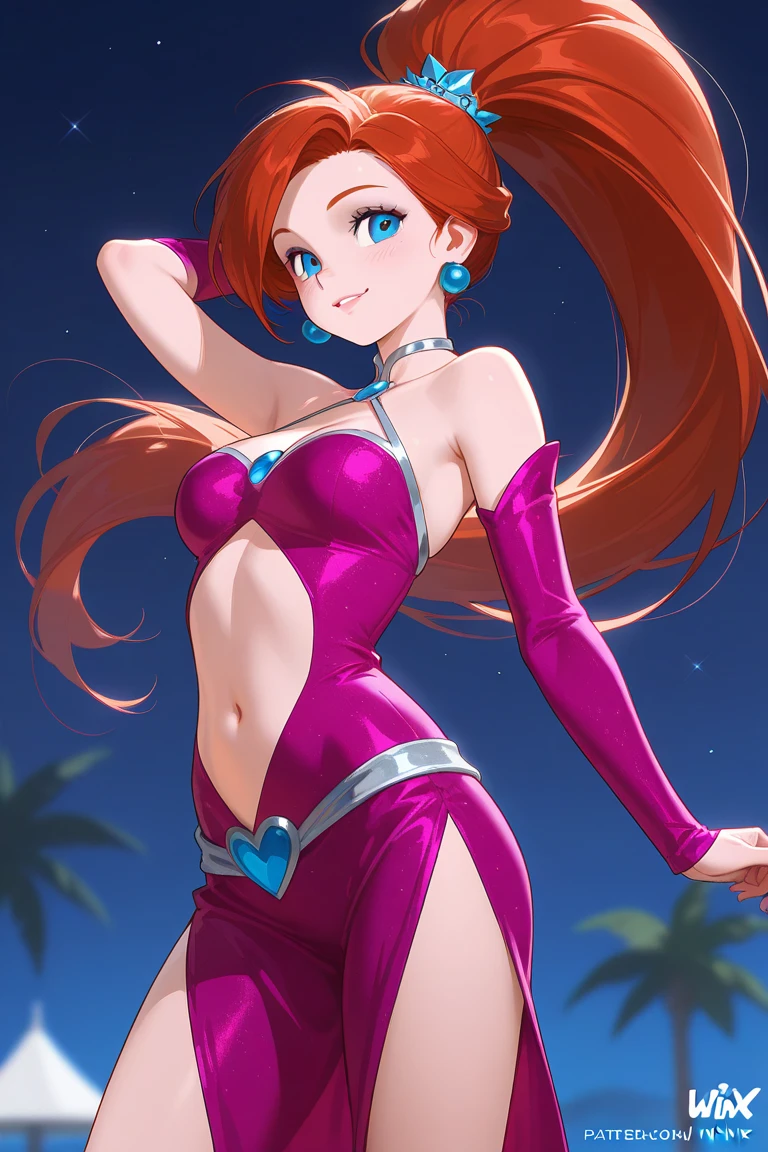 ((masterpiece,best quality)), absurdres, Shantae, ponytail, solo, smiling, looking at viewer, cowboy shot, contrapposto, red Dark Magician Girl style clothes, red tilted Dark Magician Girl style hat,  overly large breasts, flirty wink, holding a wand, beach background and setting