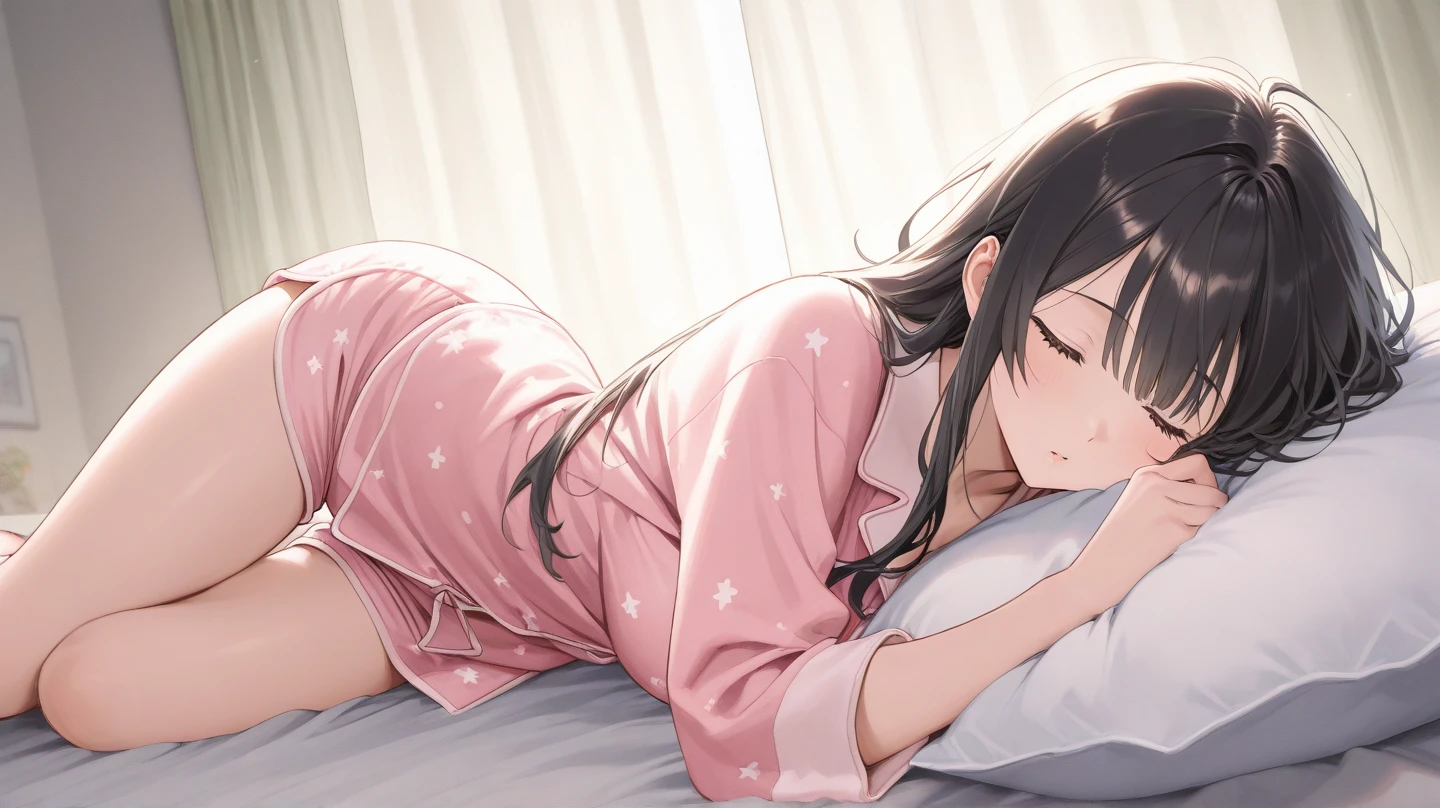 (1 girl), dark hair, bedroom bed in background, pajamas, lying on back, cute, gravure pose