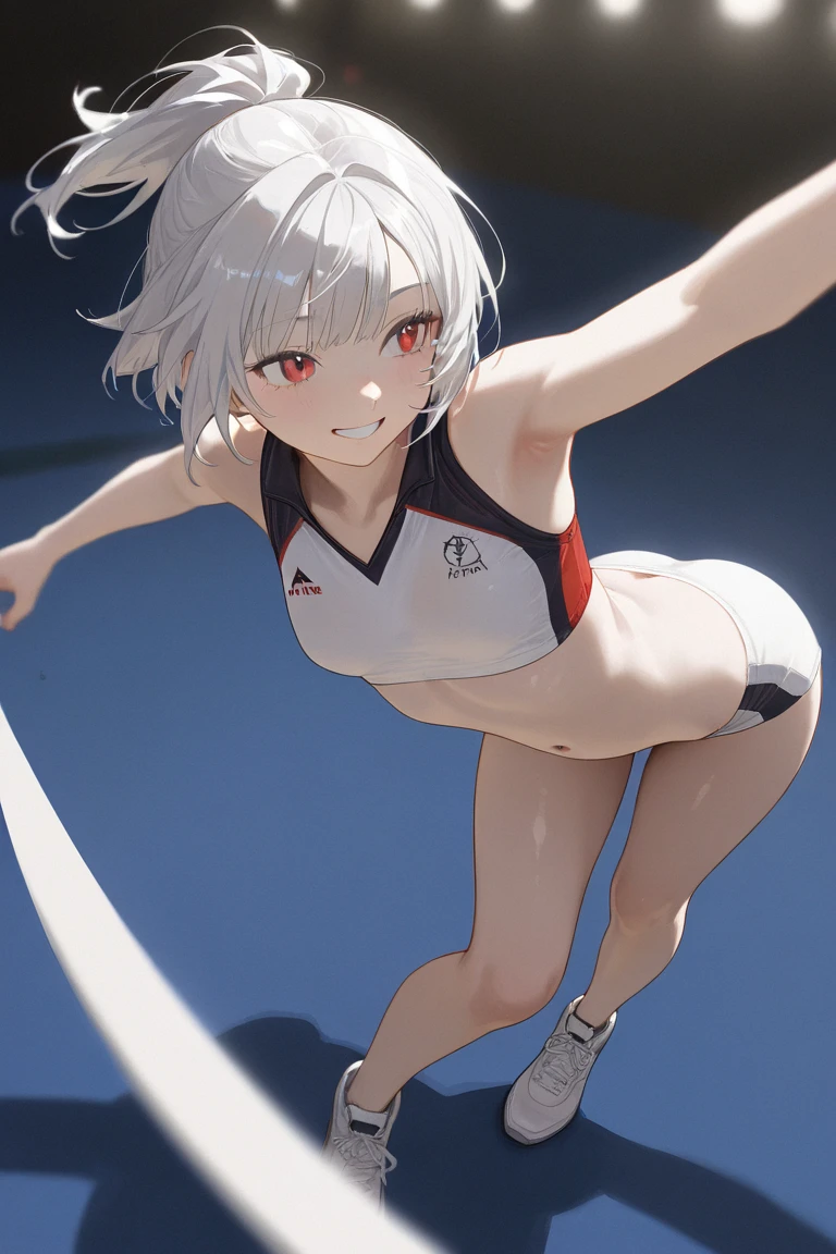 full body photographed、​masterpiece、top-quality、hight resolution,silber hair、short-hair、weak、High leg cut swimsuit、white sporty boots、Sweaty skin、Professional wrestling venues、professional wrestling、（（On the ring of professional wrestling：1.1））、Red face、15yo girl,（(on stomach：1.2））、 Crying、Scream、Mouth open、knockout、syncope、vomiting、anguished expression、agony、steam