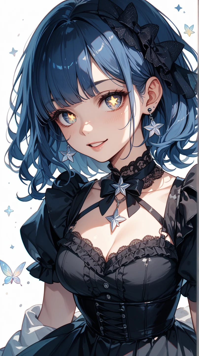 1girl, bangs, beret, black_headwear, blue_eyes, blue_hair, blush, bow, buttons, choker, earrings, eyebrows_visible_through_hair, fingernails, from_above, hair_between_eyes, hair_ribbon, hand_up, hat, hoshimachi_suisei, jacket, jewelry, lace, lace_trim, long_hair, long_sleeves, looking_at_viewer, nail_polish, neck_ribbon, off_shoulder, open_mouth, orange_legwear, purple_eyes, ribbon, shirt, simple_background, smile, solo, star_\(symbol\), star_in_eye, virtual_youtuber, white_background