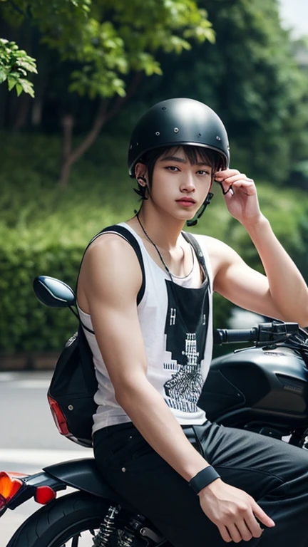 A handsome young Thai teenager ,15 years old,Wear slim underwear and no shirt to ride a motorcycle.,Holding a water gun at the Songkran Festival in Bangkok,Flour smeared,There was a person walking behind him holding a water gun.