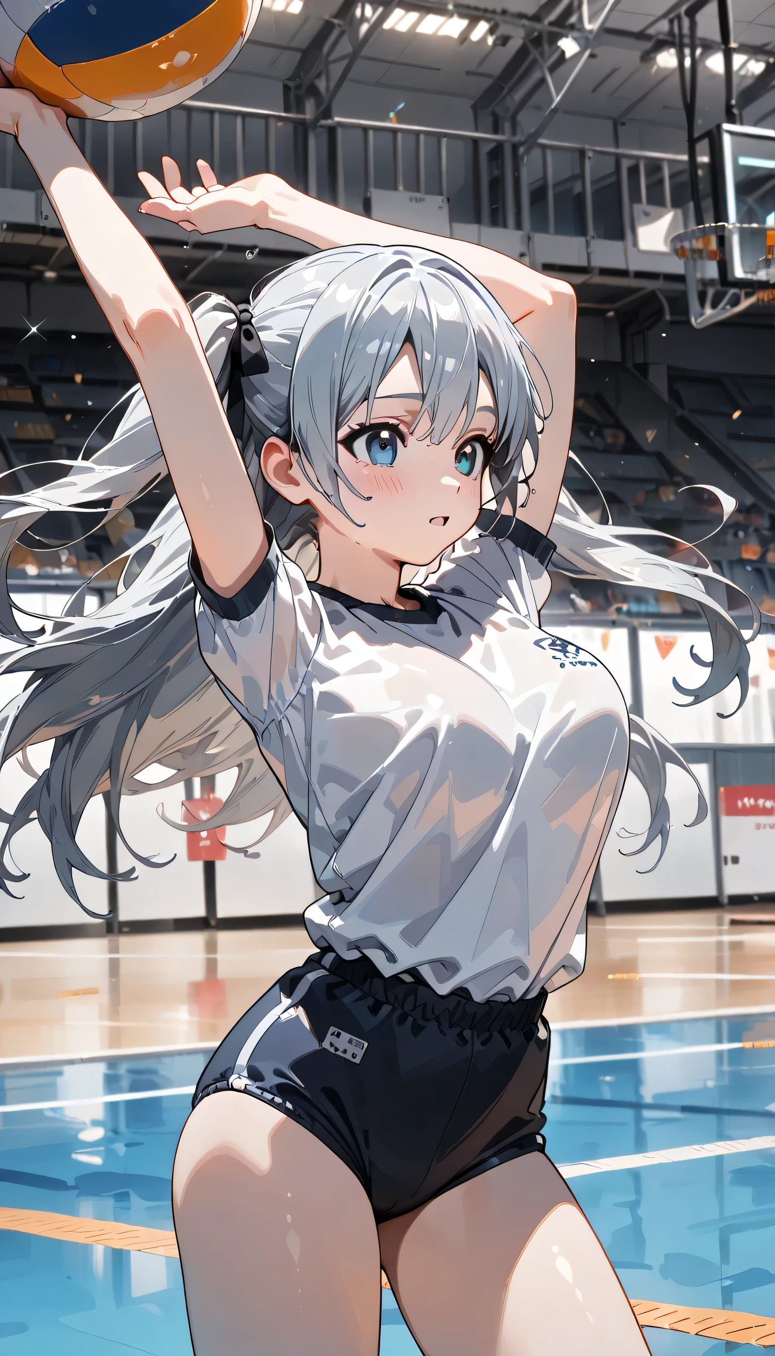 ((ultra-detailed)), (highly detailed CG illustration), (best quality:1.2), ultra-highly detailed, colorful composition, artistic photoshoot, 1girl, solo focus, thigh to top, cowboy shot, moe anime character, girl, dainty facial structure, baby face, round face, rounded chin:1.2, ideal ratio body proportions, celia-default, celia claire, blue eyes, sparkle eyes, long silver hair:1.2, two side up, hair ribbon with blue, ample breasts, blue school gym buruma, serious:1.2, blush:1.3, Volleyball spikes:1.4, balls, jumping:1.6, junp high:1.3, floating:1.4, object, volleyball, volleyball net, raise your arms:1.3, look up, from behind:1.3, dynamic pose:1.6, contrapposto pose, flowing hair:1.2, best quality, expecting, pink cheek, blush, light pink gloss slip, portrait, depth of field, soft lighting, sidelighting, shine, lighting, caustics, ray tracing, perfect face, lustrous skin, highly detailed face, highly detailed eyes, perfect face, perfect nose, perfect hair, perfect eyes, perfect anatomy, beautiful hair, beautiful small face, extremely detailed face, beautiful detailed eyes, beautiful clavicle, beautiful body, beautiful huge breasts, leavage, breasts squeezed together, equalize the size of the left and right breasts, beautiful thin thighs, beautiful legs, beautiful fingers, 4 fingers, 1 thumb, lovely, (very detailed background:1.0), (highly detailed background:1.0), summer aesthetic, intricate details, shy atmosphere, summer colors palette, chromatic aberration
