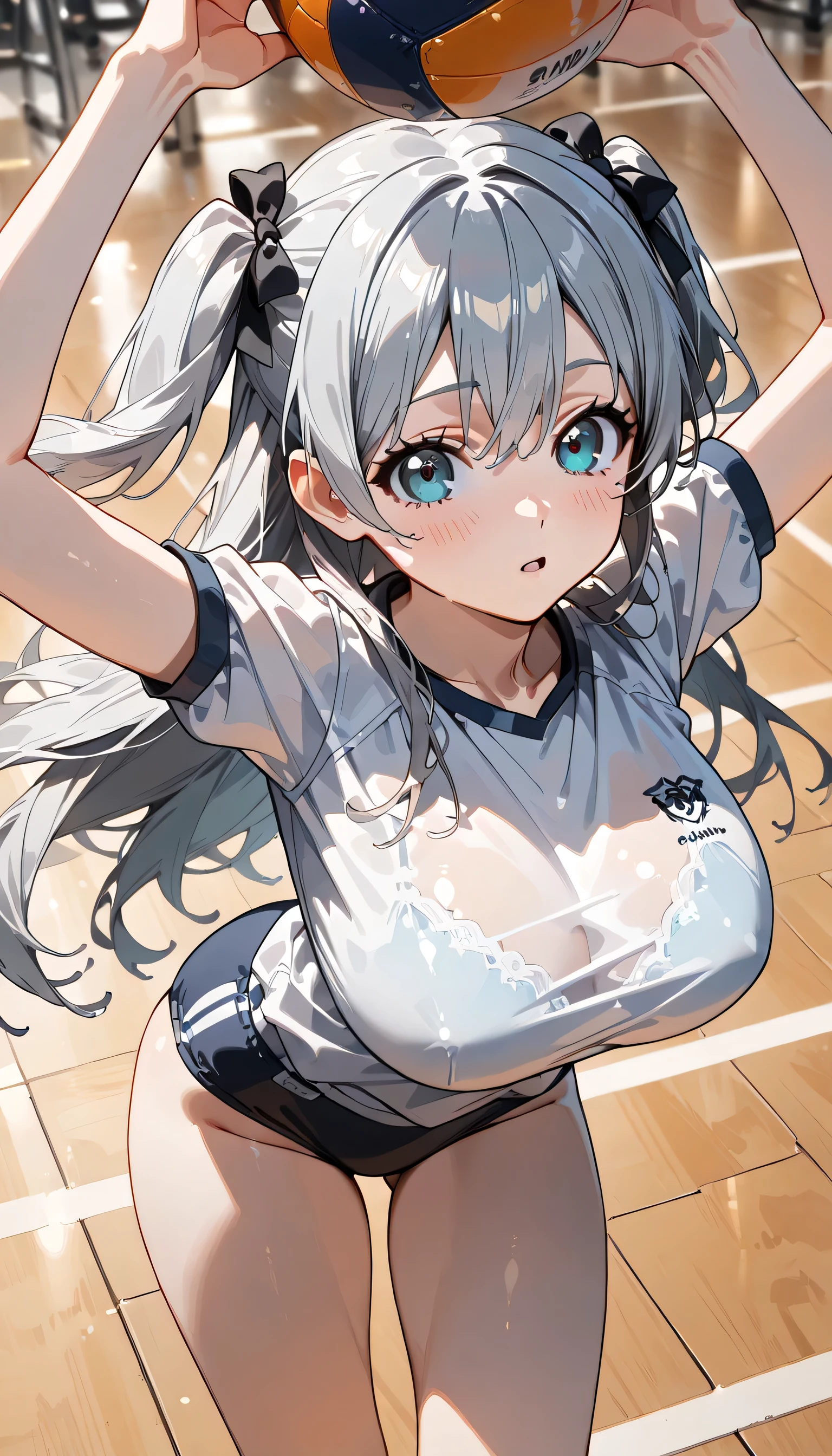 ((ultra-detailed)), (highly detailed CG illustration), (best quality:1.2), ultra-highly detailed, colorful composition, artistic photoshoot, 1girl, solo focus, thigh to top, cowboy shot, moe anime character, girl, dainty facial structure, baby face, round face, rounded chin:1.2, ideal ratio body proportions, celia-default, celia claire, blue eyes, sparkle eyes, long silver hair:1.2, two side up, hair ribbon with blue, ample breasts, blue school gym buruma, serious:1.2, blush:1.3, Volleyball spikes:1.4, balls, jumping:1.6, junp high:1.3, floating:1.4, object, volleyball, volleyball net, raise your arms:1.3, look up, from behind:1.3, dynamic pose:1.6, contrapposto pose, flowing hair:1.2, best quality, expecting, pink cheek, blush, light pink gloss slip, portrait, depth of field, soft lighting, sidelighting, shine, lighting, caustics, ray tracing, perfect face, lustrous skin, highly detailed face, highly detailed eyes, perfect face, perfect nose, perfect hair, perfect eyes, perfect anatomy, beautiful hair, beautiful small face, extremely detailed face, beautiful detailed eyes, beautiful clavicle, beautiful body, beautiful huge breasts, leavage, breasts squeezed together, equalize the size of the left and right breasts, beautiful thin thighs, beautiful legs, beautiful fingers, 4 fingers, 1 thumb, lovely, (very detailed background:1.0), (highly detailed background:1.0), summer aesthetic, intricate details, shy atmosphere, summer colors palette, chromatic aberration