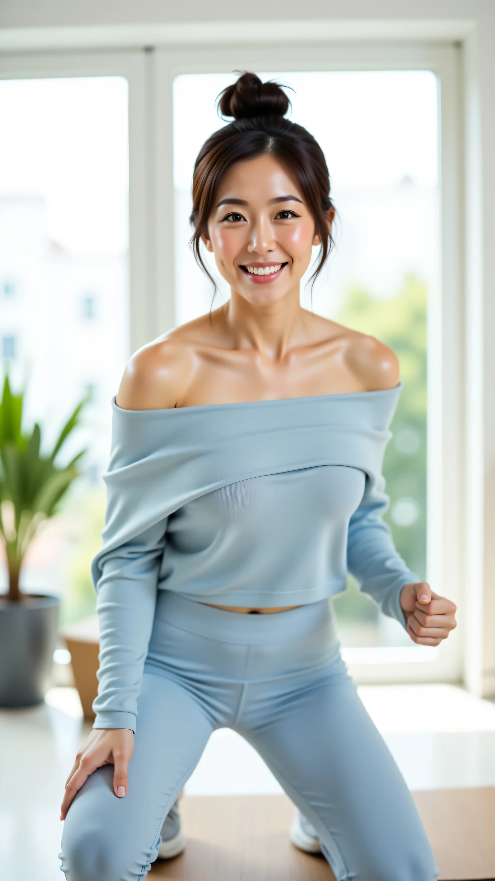 vivid,Spotlight,Normal chest,((between legs)),cute,(Detailed face),Dancing,Sharp Eyes,A sporty, sleeveless, turtleneck, lightweight, grey striped shirt,Ultra-high resolution,(Photorealistic:1.7),Black long hair,White Background,