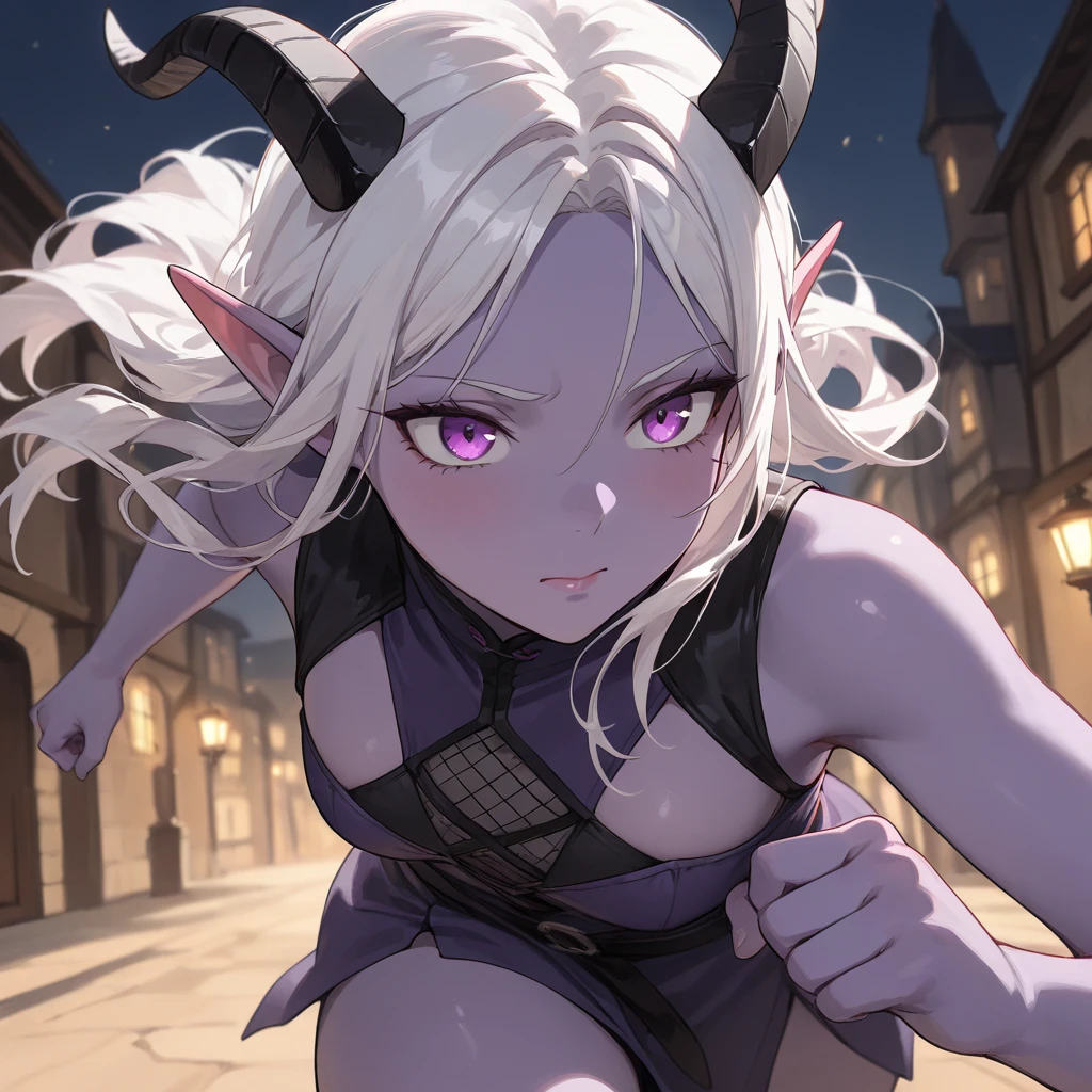 A dark-skinned tomboyish young woman, short puffy Android 21 silver hair, violet eyes, long pointy ears, black scales on skin, gold jewelry, calm and cool attitude, playfully sticking out tongue, white cropped halter top, dark jeans, hands on hips, detailed facial features, extremely detailed portrait, (best quality,4k,8k,highres,masterpiece:1.2),ultra-detailed, dramatic lighting, vibrant colors, fantasy character