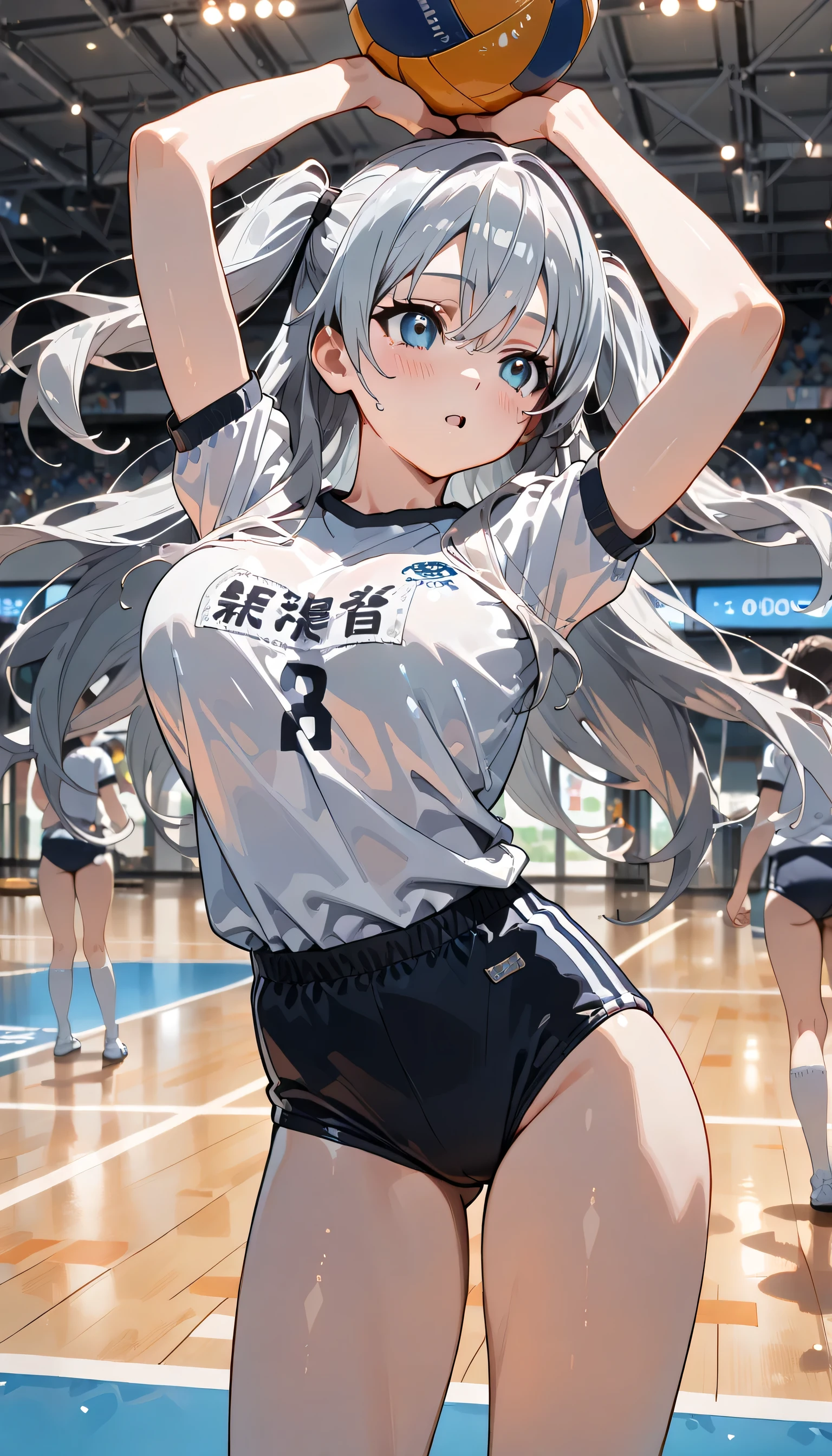((ultra-detailed)), (highly detailed CG illustration), (best quality:1.2), ultra-highly detailed, colorful composition, artistic photoshoot, 1girl, solo focus, thigh to top, cowboy shot, moe anime character, girl, dainty facial structure, baby face, round face, rounded chin:1.2, ideal ratio body proportions, celia-default, celia claire, blue eyes, sparkle eyes, long silver hair:1.2, two side up, hair ribbon with blue, ample breasts, blue school gym buruma, serious:1.2, blush:1.3, Volleyball spikes:1.4, balls, jumping:1.6, junp high:1.3, floating:1.4, object, volleyball, volleyball net, raise your arms:1.3, look up, from behind:1.3, dynamic pose:1.6, contrapposto pose, flowing hair:1.2, best quality, expecting, pink cheek, blush, light pink gloss slip, portrait, depth of field, soft lighting, sidelighting, shine, lighting, caustics, ray tracing, perfect face, lustrous skin, highly detailed face, highly detailed eyes, perfect face, perfect nose, perfect hair, perfect eyes, perfect anatomy, beautiful hair, beautiful small face, extremely detailed face, beautiful detailed eyes, beautiful clavicle, beautiful body, beautiful huge breasts, leavage, breasts squeezed together, equalize the size of the left and right breasts, beautiful thin thighs, beautiful legs, beautiful fingers, 4 fingers, 1 thumb, lovely, (very detailed background:1.0), (highly detailed background:1.0), summer aesthetic, intricate details, shy atmosphere, summer colors palette, chromatic aberration