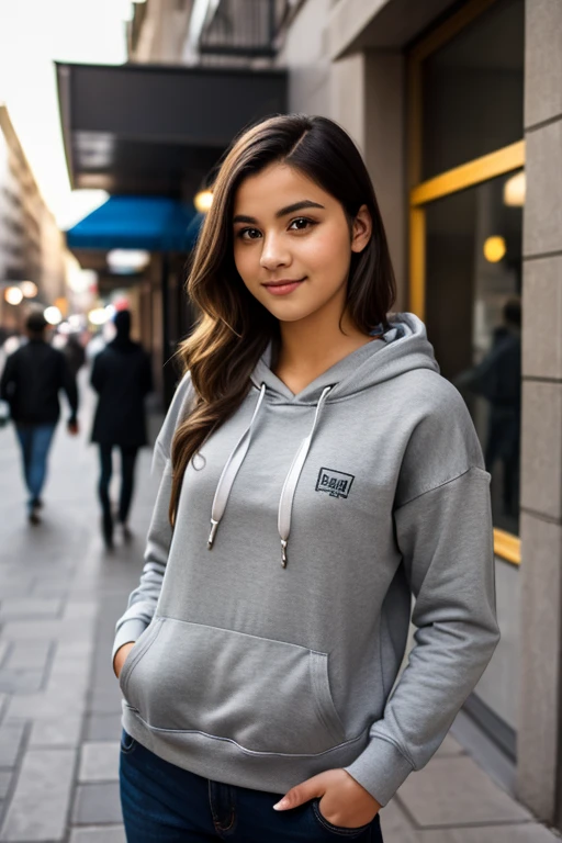 a portrait of a Saudi girl, looking at the viewer head hair black colour and big (white hoodie girl)Wearing lipstick. Background in public places