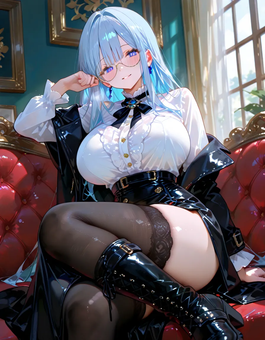 Anime girl with blue hair and black stockings holds a wine bottle., Kuchart Krenz Key Art Feminine, anime moe art style, Charming anime girl, A very detailed RTM pathogen., Trending on artstation pixiv, Pixieve 3dcg, Highest rating on pixiv, Best konachan anime wallpaper 4k, (NRF) safe for work, very big breasts, realistically, Young woman, wear glasses