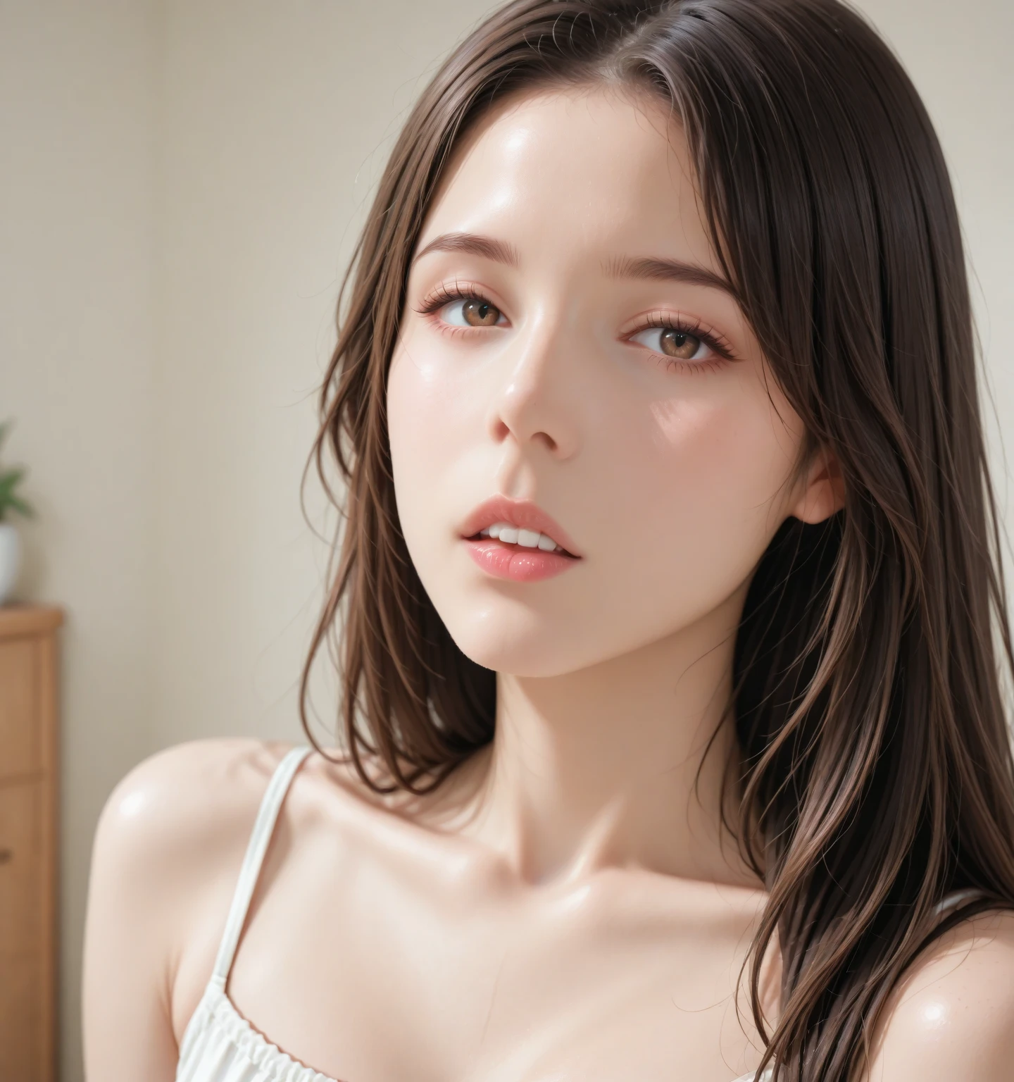 rie,1girl,detailed smooth pale skin,looking at viewer,supermodel,(white theme), detailed skin,clean,cinematic lighting,cinematic bloom,独奏,mature female,huge breasts,(Nude),beautiful nipples,masterpiece,best quality,high quality,highres,natural light,ray tracing,volumetric light,realistic,photorealistic,ultra highres,vivid, 32 years old, Finger licking, (Completely naked:2.0),Glamour, Brown Hair, (the body is moist:1.2), Large windows let in natural light、White minimalist bedroom