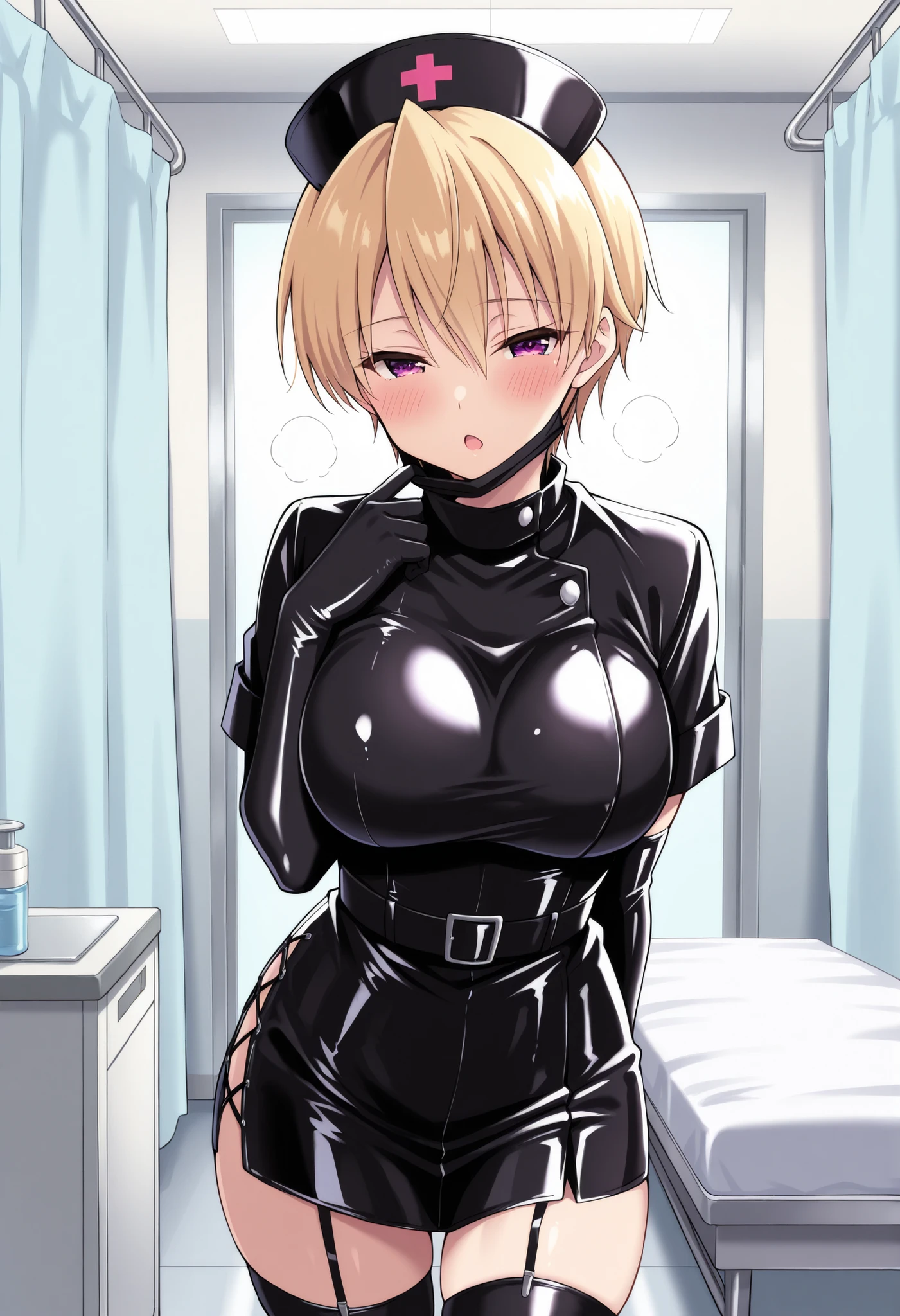 Score_9, score_8_up, score_7_up, source_anime, Haruki Azuma, solo, short hair, blonde hair, shiny hair, hair between eyes, bangs, purple eyes, large breasts, enamel leather dark nurse, latex dress, black latex elbow gloves, black latex legwear, latex, latex skirt, (best quality), (high quality), {masterpiece}, extremely delicate and beautiful, ultra-detailed, beautiful detailed eyes, nurse, nurse hat, ((black nurse's outfit)), surgery room, black mask, mask pull, blush, open mouth, deep breath, half closed eyes, standing