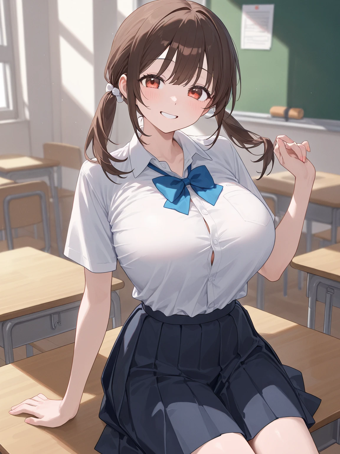 (Beautiful, Huge_Breasts:1.3), (very short skirt:1.4), (act-seductively:1.3), (Mokoto kanikawa:1.5), (twin-tail-hair:1.3), brown hair
a sexy cartoon girl with very large breasts in a dress wearing thigh high boots with black socks, 1girl, solo, shirt, between breasts, bangs, cleavage thigh-highs, white background, agoge, white thigh-highs, simple background, hand on skirt, full body, bow, school uniform, looking at viewer, bowtie, shoes, loafers, (very short skirt:1.4), ribbon, (white school shirt:1.2), (black plated skirt:1.2), (shirt tucked into skirt:1.2), (The skirt isn't torn:1.2), (short sleeves shirt:1.2), (The shirt is tight:1.2), blunt bangs, earrings, open mouth, night, jewelry, (open clothes:1.4), smile, school uniform
(day:1.7), in a room with curtains on the windows,indoors, sitting on table,
1 girl, 20yo,YOUNG female,Beautiful Finger, Beautiful long legs ,Beautiful body ,Beautiful Nose ,Beautiful character design, perfect eyes, perfect face,
looking at viewer, in the center of the image,
official art, extremely detailed CG unity 8k wallpaper, perfect lighting,Colorful, Bright_Front_face_Lightinasterpiece:1.0),(best_quality:1.0), ultra high res,4K,ultra-detailed,
photography, 8K, HDR, highres, absurdres:1.2, Kodak portra 400, film grain, blurry background, bokeh:1.2, lens flare, (vibrant_color:1.2)
, (beautiful_face:1.5),(narrow_waist), (Beautiful,Huge_Breasts:1.3)
