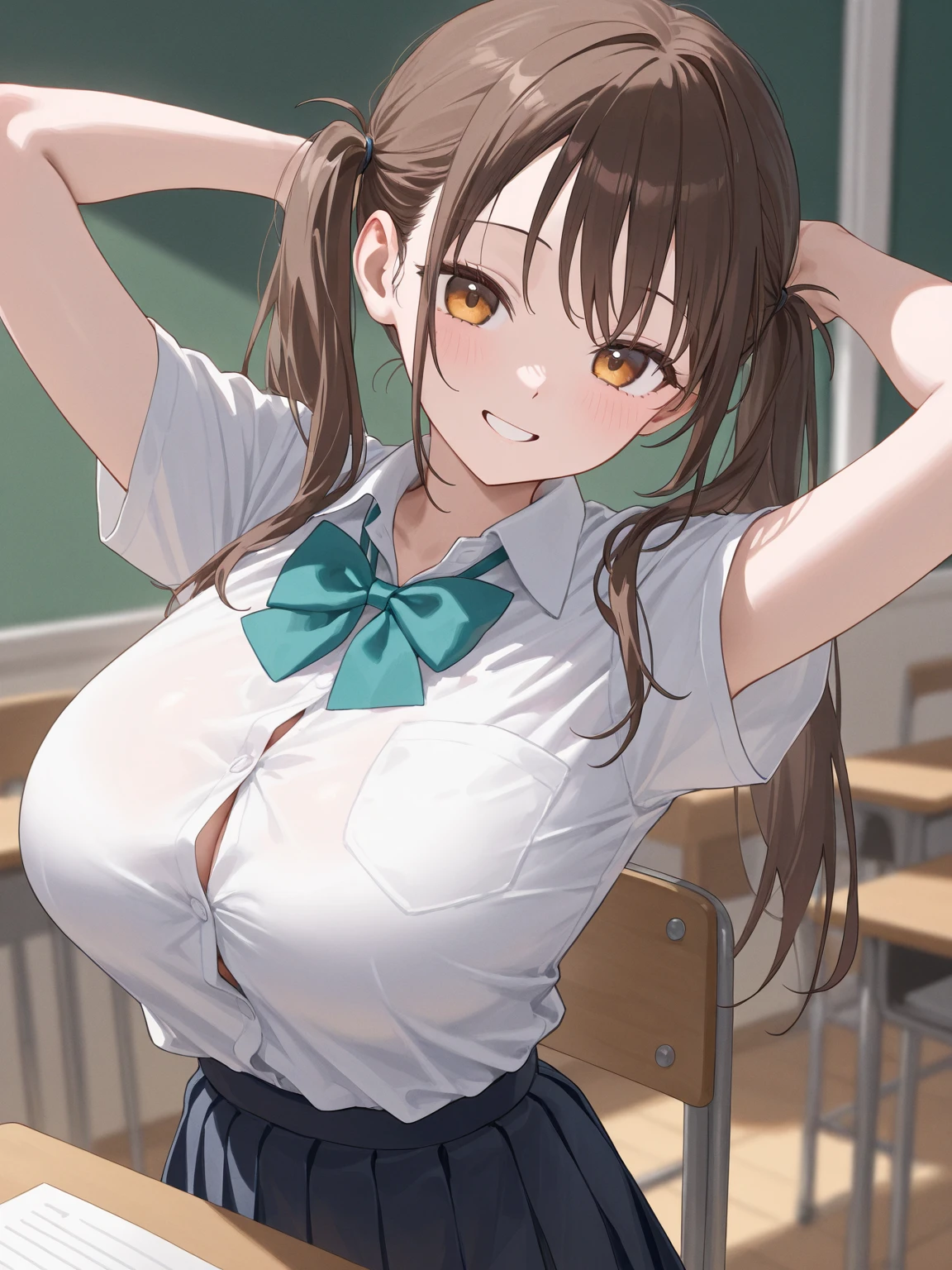 kurokoshirai, kuroko shirai, brown hair, long hair, (parted bangs:1.5), (brown eyes:1.7), Ringlet, twin tails, hair bow, bow, red bow, (Amazing super big breasts:1.2),、
break armband, black skirt, collared shirt, dress shirt, pleated skirt, safety pin, school uniform, shirt, short sleeve, skirt, summer clothes, sweater vest, tokiwadai , twin tails, white shirt, (brown sweater vest:1.5),
break looking at viewer,, whole body,
break indoors, classroom,
break (masterpiece:1.2), highest quality, High resolution, unity 8k wallpaper, (figure:0.8), (detailed and beautiful eyes:1.6), highly detailed face, perfect lighting, Very detailed CG, (perfect hands, perfect anatomy)、(skirtの端を握る)、blush、An emotional face that looks like it's about to cry