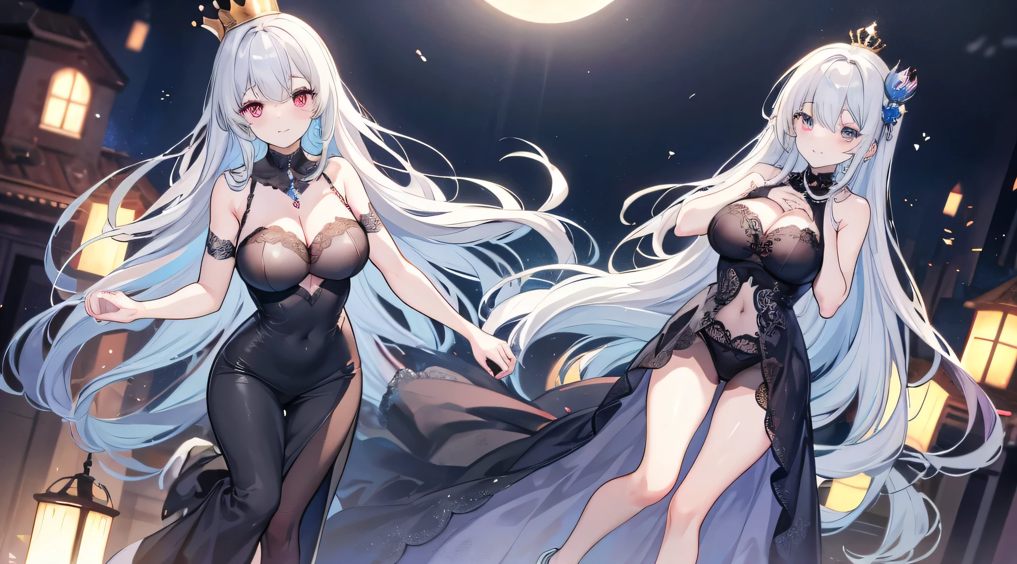 ((((Obra maestra, La mejor calidad, ultrahigh resolution)))), 1girl, standing,), ((long pure brown hair, hair over eye)), long hair cut, shiny skin, ((golden eyes)), glowing_eyes, neon eyes, (ultra detailed eyes:0.7, beautiful and detailed face, detailed eyes:0.9), ((centered)), smirk, facing viewer, ((vibrant background, dark lighting, summer, sunlight)), large chested, looking at viewer, ((half closed eyes)), ((perfect hands)), (((head:1, arms, hips in view, elbows, legs, in view))), ((hands behind back)), empty eyes, beautiful lighting, ((outside, outdoors)), defined subject, head tilt, (((gritty)), ((creepy)), ((cool)), ((beautiful)), (((SFW))), hair ornament, petals in the air, moon in the sky, city, mature woman, adult woman, sfw, pink and white dress, night dress, she is a princess, gal, dark skin, majesty, mistress