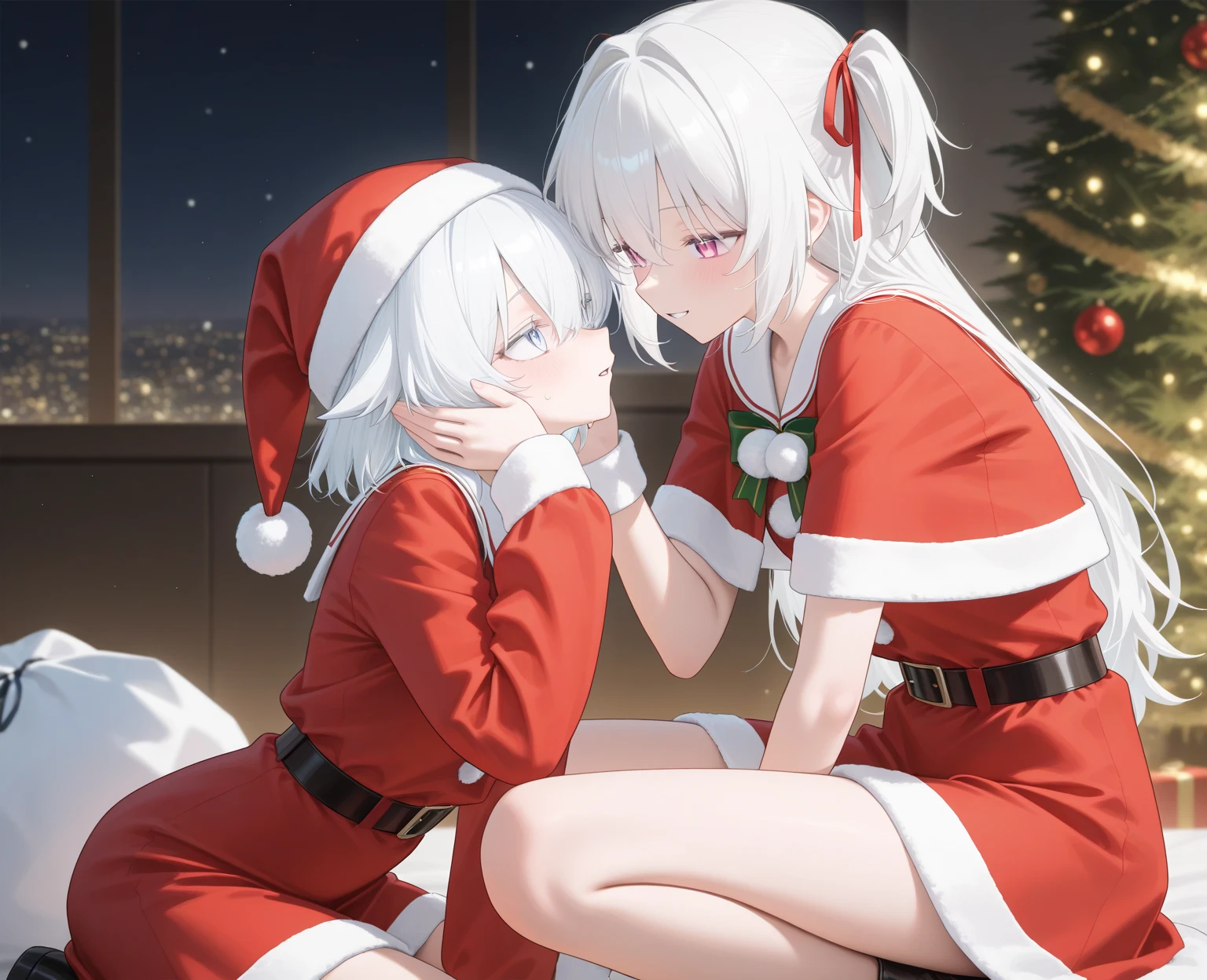 santa-girl, white haired woman, santa ourfit, boots, kneeling, side view, blowjob, hat, living room, long sleeves, red pantyhose, black belt, shota-boy, at night, pajamas