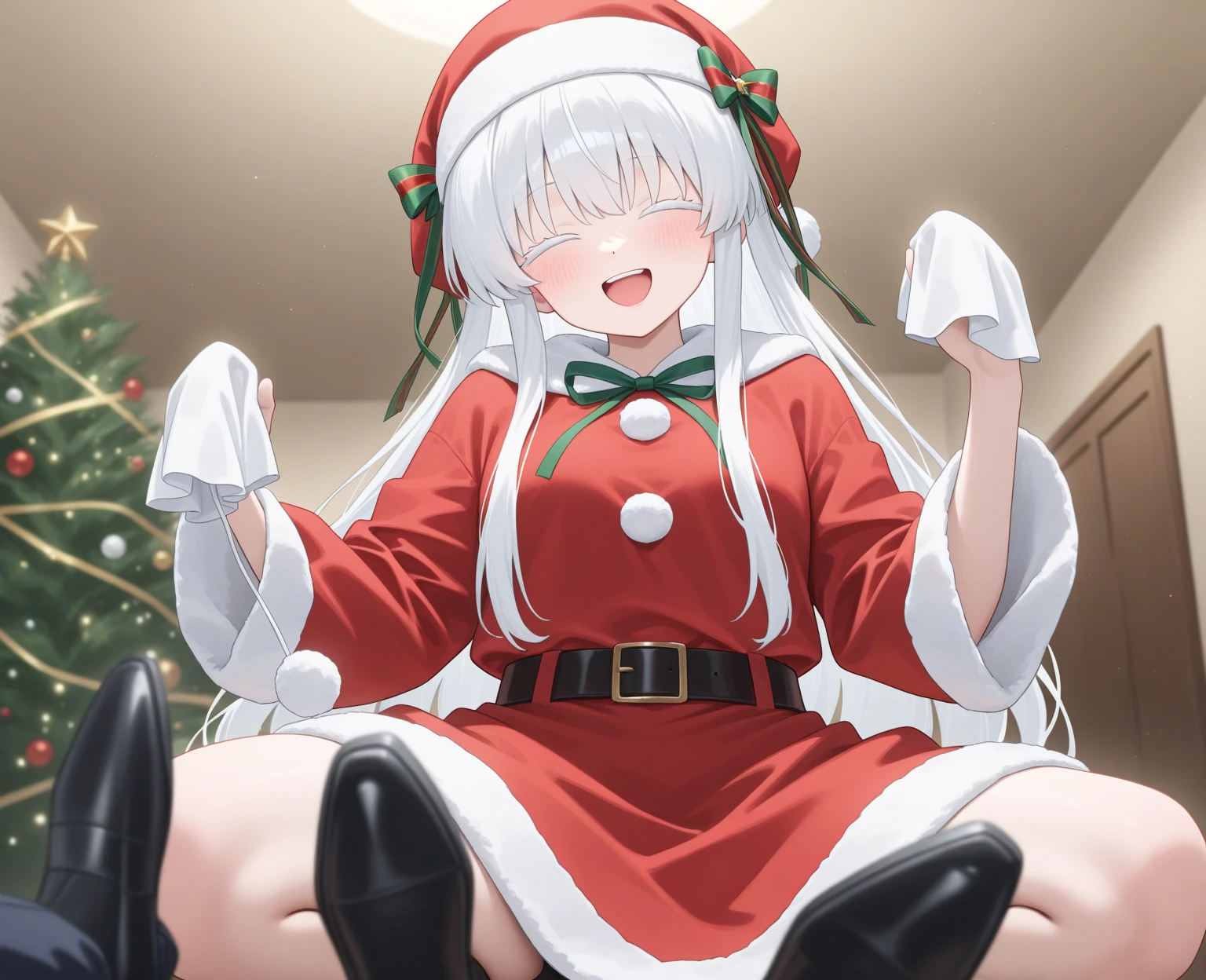 (masterpiece, 4k, best quality, highly detailed, 1girl, solo, indoors, sitting, christmas, christmas tree, santa costume, full body), bare legs, feet, barefoot, thighs, long sleeves, frown, <lora:kyouka uzen manga-lora-nochekaiser:1>, blush, <lyco:kyouka:0.7>, kyouka, bangs, hair ornament, hair between eyes, closed mouth, grey hair, santa hat, soles, foot focus, specular lighting, medium breasts, feet up
