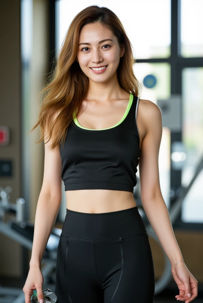 You are a professional photographer。Beautiful Eyes、 ((Highest quality)), Clear contours, Woman with beautiful face, (((One Girl,alone))), ((Beautiful Eyes)), Sex Appeal,Albedo and Specular Maps、Accurate simulation of lightweight material interactions、A woman in activewear taking photos, Light Smile、perfect body,Very Short Hair,Thighs,Angel