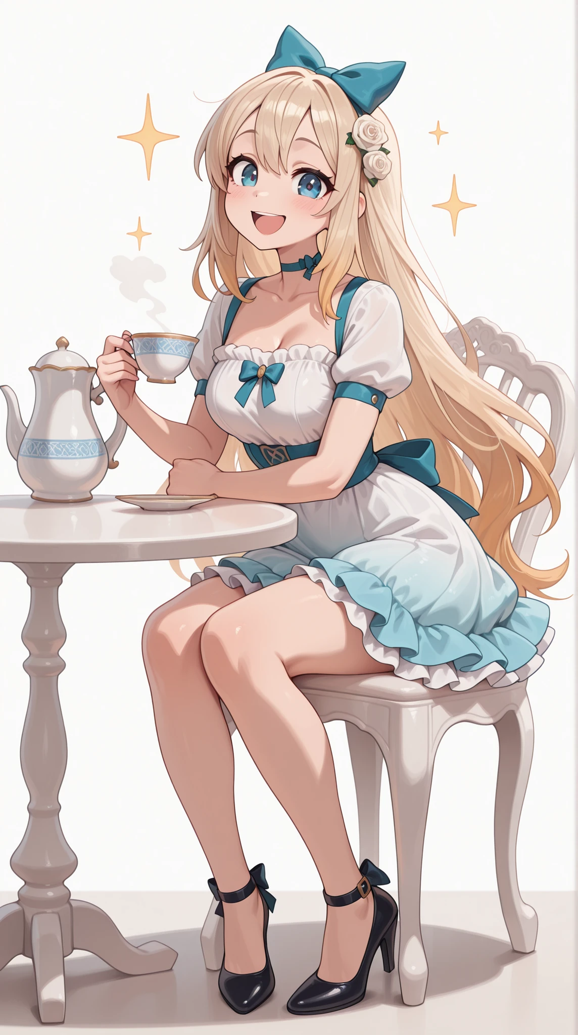 (masterpiece, best quality), amazing quality, very aesthetic, newest, hyper-detailed, solo, full body, 1girl, :d, looking at viewer, blue eyes, (very long hair), blonde hair, bowtie, hair bow, (frilled dress), gradient dress, frills, puffy short sleeve, collarbone, hair ornament, high heels, sitting, white chair, holding cup, teacup, white round table, teapot, white rose, white background, sparkle, absurdes