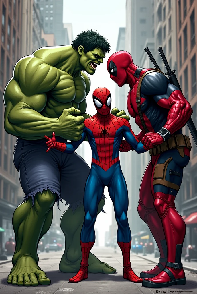 Spiderman , Wolverine and Deadpool in the style of Marvel Comics. But well detailed as if Stan Lee had drawn them.