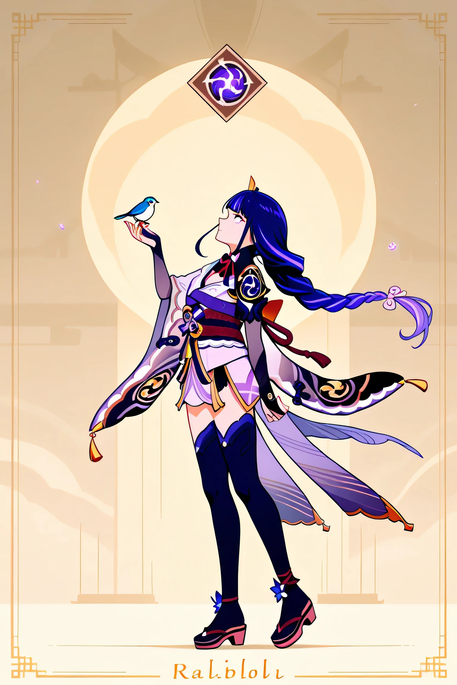 Raiden Shogun, profile, look up here, calm expression, caressing simbol, full view, bird in her hand, up Hand, full body view, wind