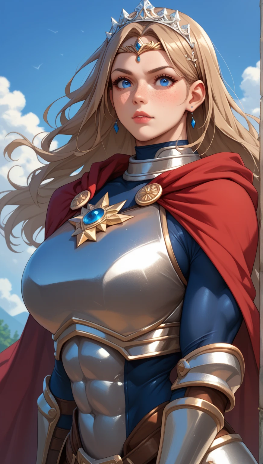 upper body of paladin lady in ornate golden armor, black collar, pauldrons, breastplate, corset, glowing halo, single braid, blonde, yellow glowing eyes, bright pupils, eye focus, red cape, temple indoors, stained glass windows, night, moonlight, particles, light beam, chromatic aberration
