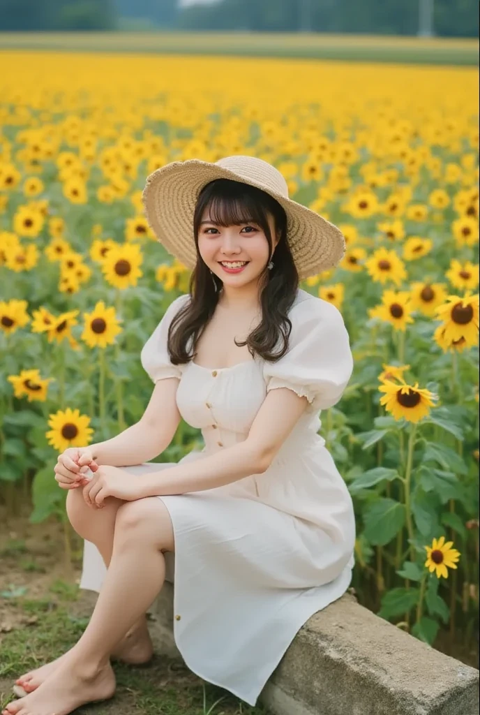 ((highest quality、debris flies、8K、best image quality、hyper realism))、45 years old、wrinkled face、(very bright:1.1)、(Colorful flower garden:1.1)、beautiful and detailed eyes, portrait shot of woman、blurred background、(Elegant and neat dress:1.1)、Long Wave Hair, cleavage,、Sunlit skin、(sculpture installation:1.1)、(Very thin:1.2)、very narrow waist clothes、(The background is a gorgeous and bright flower field..:1.3)、1 gorgeous fountain、blurred background、bright and vivid、the best smile when you look at me、Please smile and show your beautiful white teeth、long eyelashes、perfect makeup、lipstick、(upper body photo:1.2)、Fair skin、Shining beautiful skin、Perfect and beautiful teeth drawn in detail