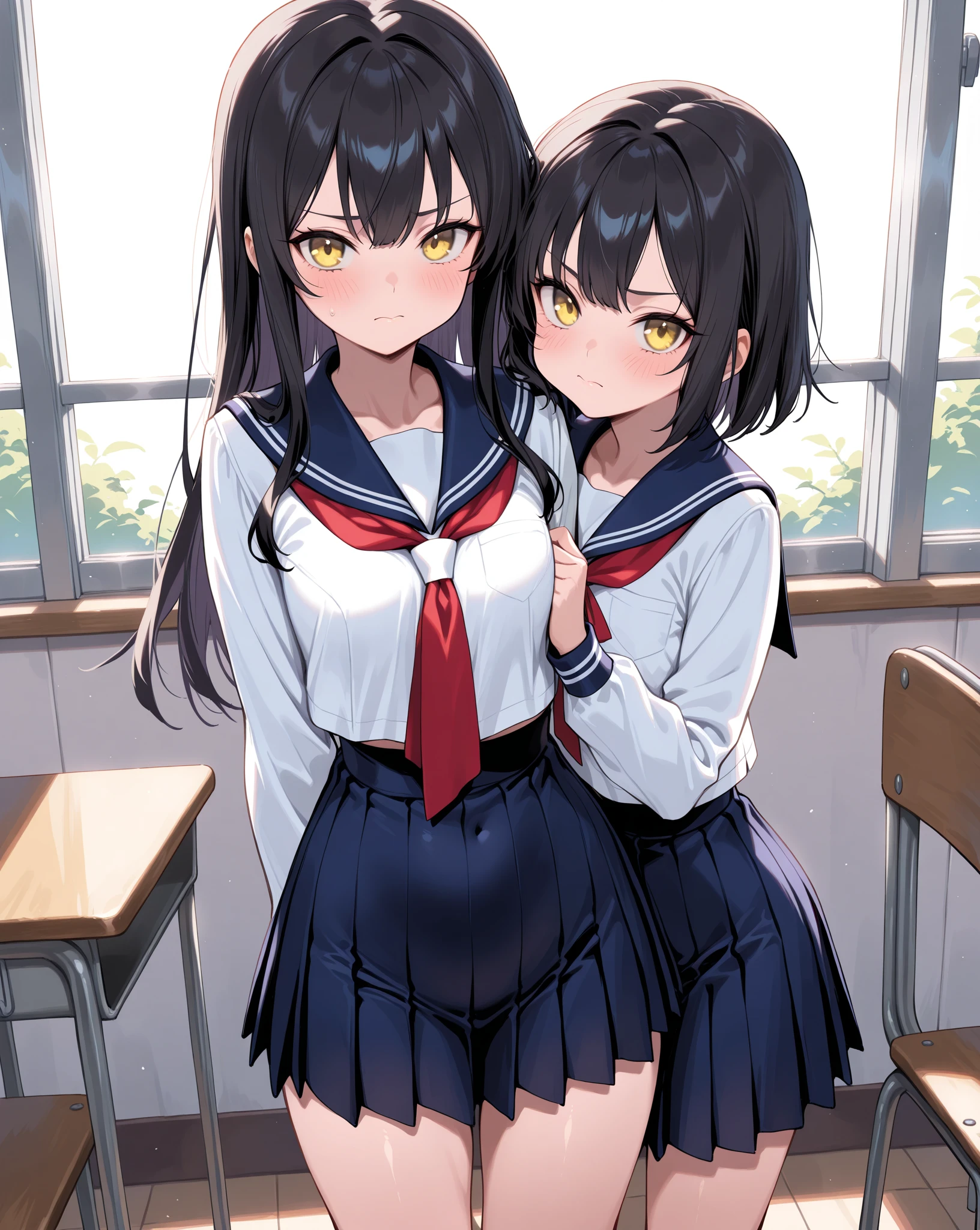 high school girl、Dressed in high 、School classroom、(Big Breasts)、Grinning face、((独奏))、smirk、human