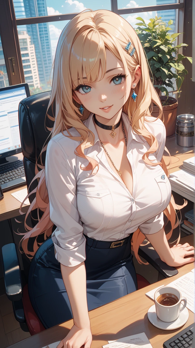 (masterpiece, high resolution picture, highres, 8k). Create a sophisticated and visually striking artwork featuring an elegant middle-aged woman with long blonde hair and bangs swept to the right. Emphasize the charm of her light blue eyes, and envision her in a professional office setting, dressed in a pristine sleeveless white shirt paired with a perfectly tailored tight black skirt. Showing her alluring cleavage from her big breast. Capture her in a poised pose, leaning forward at a tastefully arranged office desk. Pay meticulous attention to details, highlighting the refined quality of her attire and the subtle nuances in her facial expression that convey both confidence and grace. Enhance the play of light and shadows to accentuate the elegance of her posture. Place her in a modern and thoughtfully designed office environment, bathed in soft, natural light. Craft the surroundings with stylish office decor, including a sleek desk, tasteful artwork, and subtle reflections on polished surfaces. Infuse elements that contribute to a sense of contemporary sophistication. Enrich the composition to not only convey professionalism but also radiate a timeless beauty characteristic of a mature, elegant woman. Aim for an art piece that transcends ordinary portrayals, capturing the essence of refined grace and sophistication in the workplace. photorealistic style.