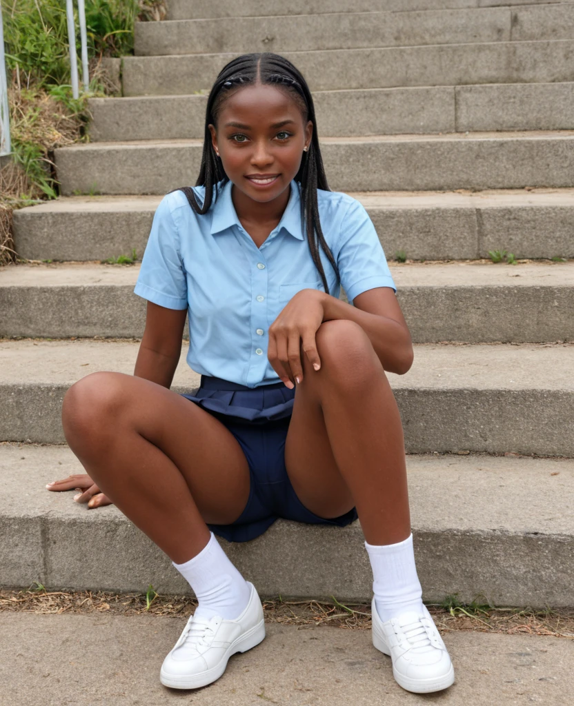 Dark african black with no hair , wearing school white shirt, mini black school skirt , white socks, black school shoes , sitting inside class posing for the camera