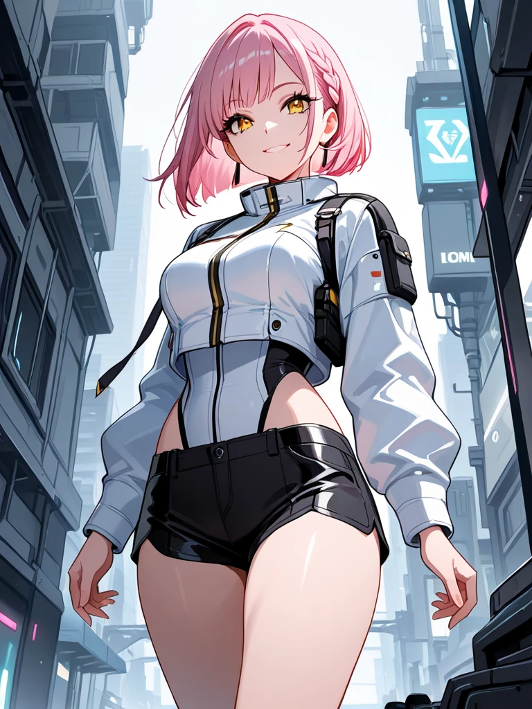 masterpiece, highest quality, High resolution, 1 girl, ticker, short hair, big breasts, race_Queen,pink leotard, Jacket, embarrassing,closed mouth, field,