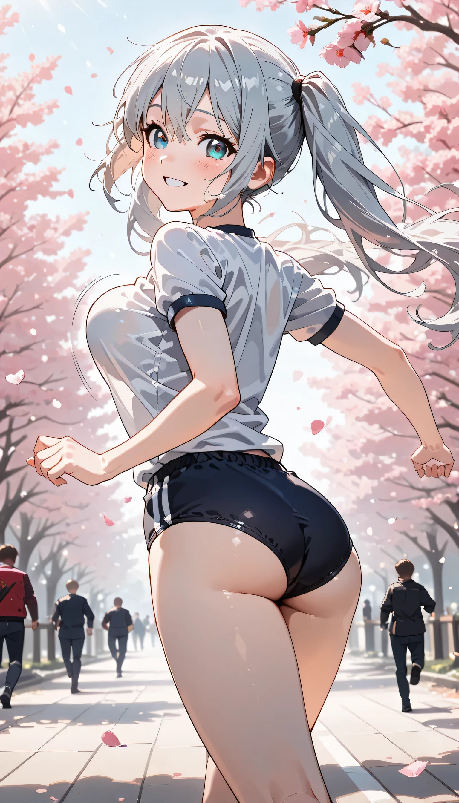 ((ultra-detailed)), (highly detailed CG illustration), (best quality:1.2), ultra-highly detailed, colorful composition, artistic photoshoot, 1girl, solo focus, thigh to top, cowboy shot, moe anime character, girl, dainty facial structure, baby face, round face, rounded chin:1.2, ideal ratio body proportions, celia-default, celia claire, blue eyes, sparkle eyes, sagging eyes, long silver hair, two side up, hair ribbon with red, ample breasts, white short sleeve gymnastics uniform with Navy blue rim:1.3, navy blue school gym buruma, smile:1.3 , blush:1.3, (running:1.4), (bouncing breasts:1.3), running:1.3, standing along the cherry blossom trees:1.2, cherry blossom petals dancing:1.2, Cherry blossom petals dancing,from behind:1.4, dynamic pose, contrapposto pose, best quality, expecting, pink cheek, blush, light pink gloss slip, portrait, depth of field, soft lighting, backlight, shine, lighting, caustics, ray tracing, perfect face, lustrous skin, highly detailed face, highly detailed eyes, perfect face, perfect nose, perfect hair, perfect eyes, perfect anatomy, beautiful hair, beautiful small face, extremely detailed face, beautiful detailed eyes, beautiful clavicle, beautiful body, beautiful ample breasts, leavage, breasts squeezed together, equalize the size of the left and right breasts, beautiful thin thighs, beautiful legs, beautiful fingers, 4 fingers, 1 thumb, lovely, (very detailed background:1.0), (highly detailed background:1.0), summer aesthetic, intricate details, shy atmosphere, summer colors palette, chromatic aberration