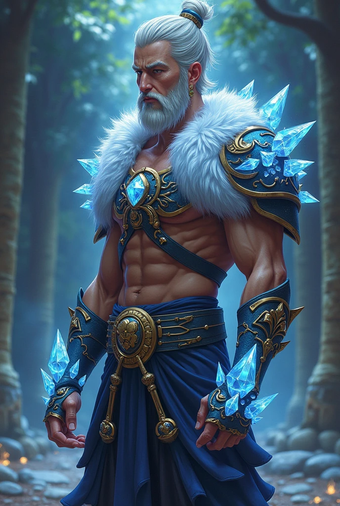 (good structure),high dynamic range,ultra high definition,8k,Ice Giant,Giant Clan, bare pectorals, crystal, fur trim, glowing, ice, large pectorals, male focus,A floating giant ice hockey ball,smoke,Ice blue skin,Frozen on the body, muscular, muscular male, pectorals, solo, thick thighs, thighs, white fur, white hair