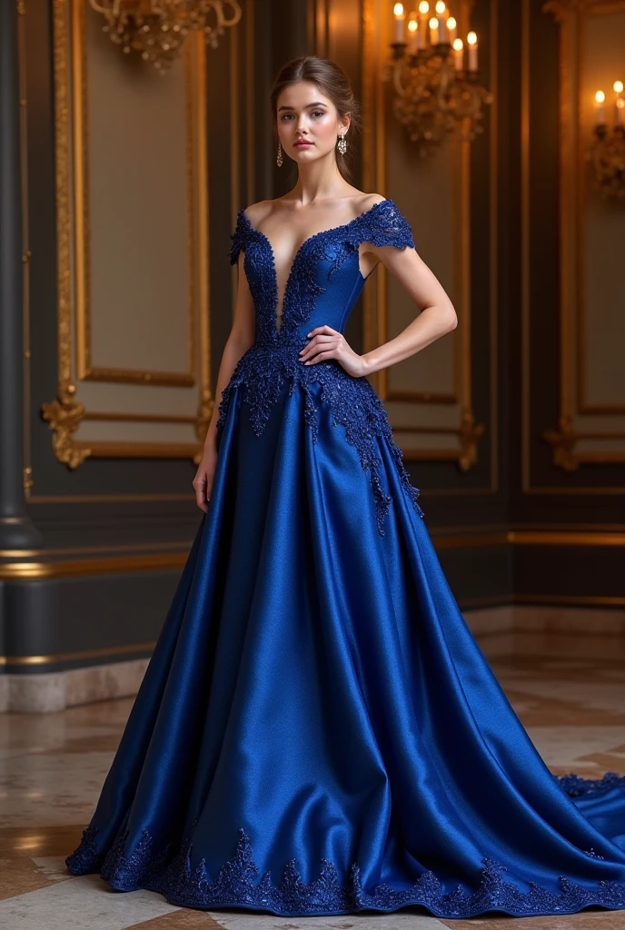 photo of (ElRuC302:0.99), a woman (as a high fashion model:1.2), (walking the runway in a fashion show:1.2), catwalk, modelshoot style, (extremely detailed CG unity 8k wallpaper), photo of the most beautiful artwork in the world, professional majestic oil painting by Ed Blinkey, Atey Ghailan, Studio Ghibli, by Jeremy Mann, Greg Manchess, Antonio Moro, trending on ArtStation, trending on CGSociety, Intricate, High Detail, Sharp focus, dramatic, photorealistic painting art by midjourney and greg rutkowski, (waist chain), (fashion show:1.2), (public attending the show:1.2), (elegant blue dress:1.2), (looking at the camera:1.2), (detailed eyes:1.3), (grin512:1.2)