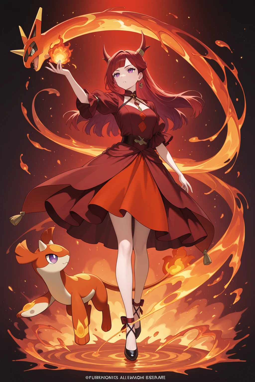 A girl with fox ears,Very long red hair,Wearing a long red dress,Golden eyes,Eye tail up,Charming,delicated ,Whole body diagram,Bangs four or six points,ellegance