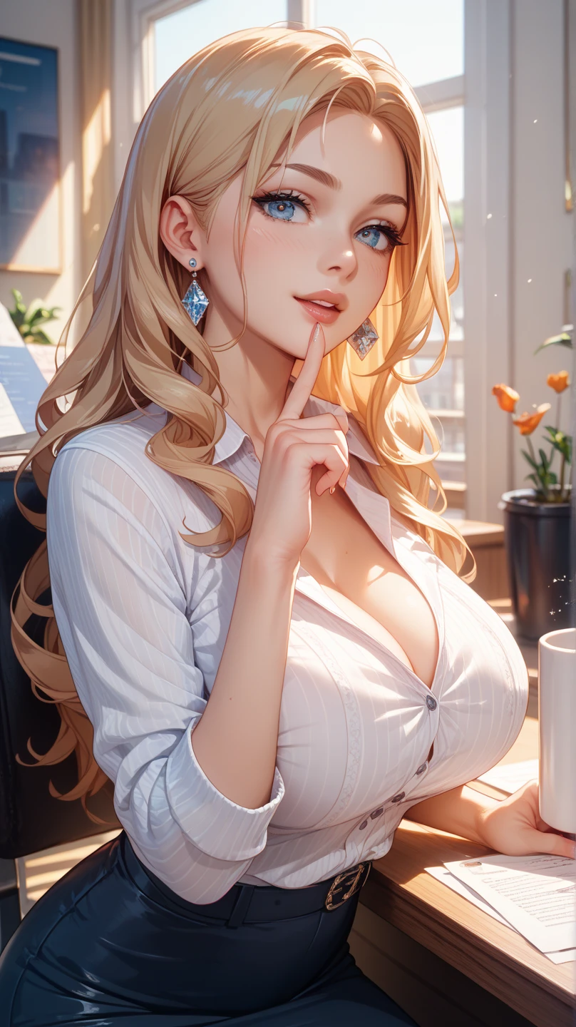 masterpiece, best quality, extremely detailed CG unity 8k wallpaper, detailed background, (hand by Guido Daniele), (detail fingers) 1 mature girl, (curvy), sitting, (white shirt, open clothes), (unbuttoned shirt), (no underwear), (oversize clothes), (white panties, string panties), (blonde long hair), (ahoge), (high ponytail), (hair intakes), (green eyes), (half-closed eyes), (seductive smile), blush, huge breasts, breasts apart, hanging breasts, navel, narrow waist, shiny skin, indoors, living room, floor-to-ceiling window, modern interior, --auto --s2