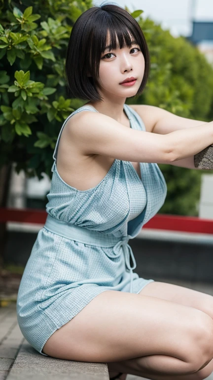 ((highest quality、8k、masterpiece:1.3))、High level image quality、perfectly proportioned woman、 30 years old, big breasts,、big ass、random hairstyles、Clothes with a large open chest、super tockings、Neighborhood park in the background、random pose