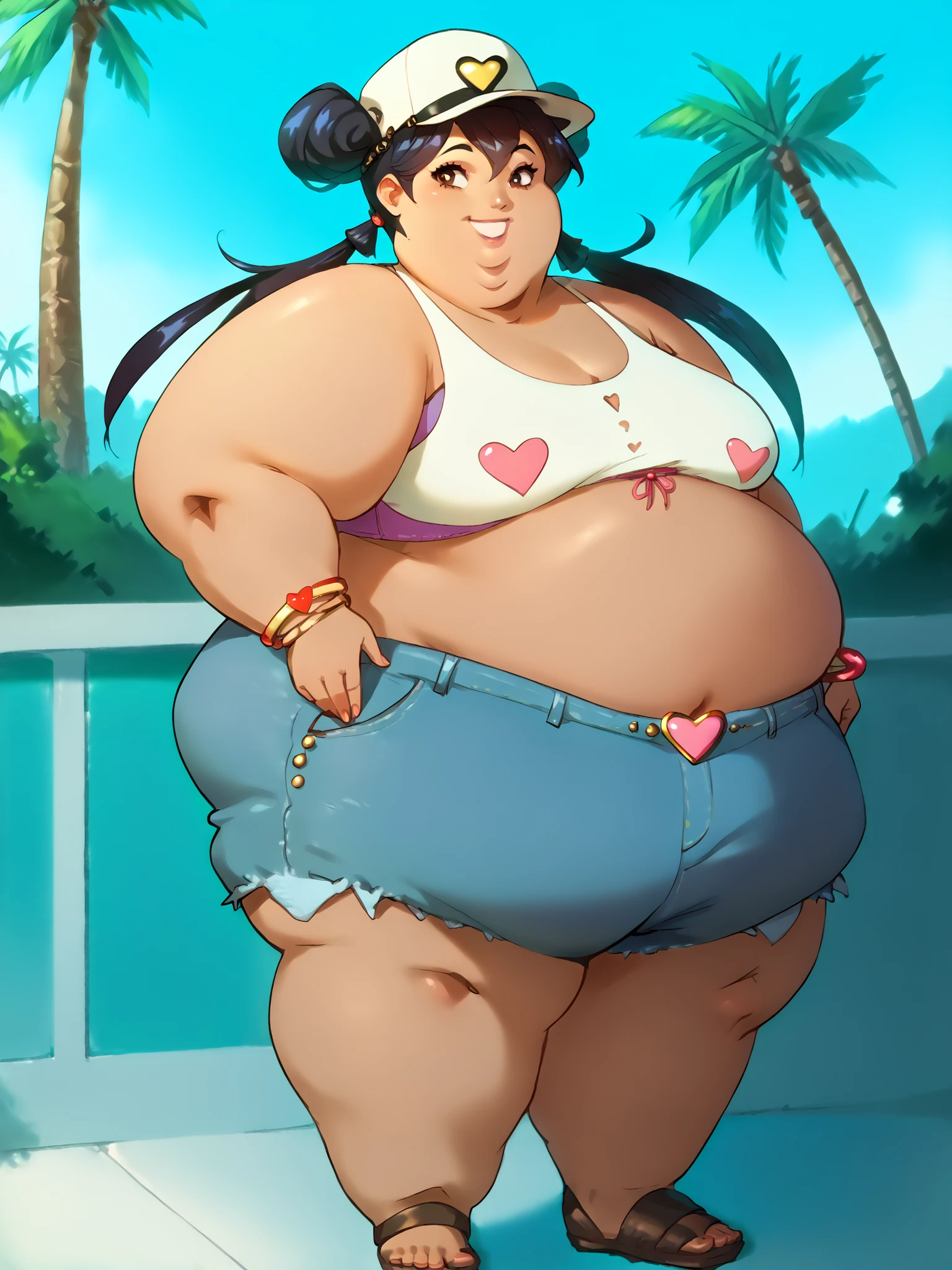 (work of art:1.2, best qualityer:1.2, dark ambient:1.1), SSBBW, Giant breasts, thunder thighs, soft, 1 girl, standing alone, Chel, Bblack hair, long hair, hombus stripe, eyes browns, darkskin, lipstick, breasts big, Broad Hips, top of the tube, neckleace, bared shoulders, emerald earrings, emerald bracelets, looking at the camera with a smug expression on his face, beach background, very large body, fat belly rolls, big breasts, sexy smile, fat arms, thunder thighs, super fat, looking at viewer, wet clothes, sweating very hard, sexy looking, blob, night beach, céu estrelado, night, very dark ambient, pov, sexy ambient, small girl