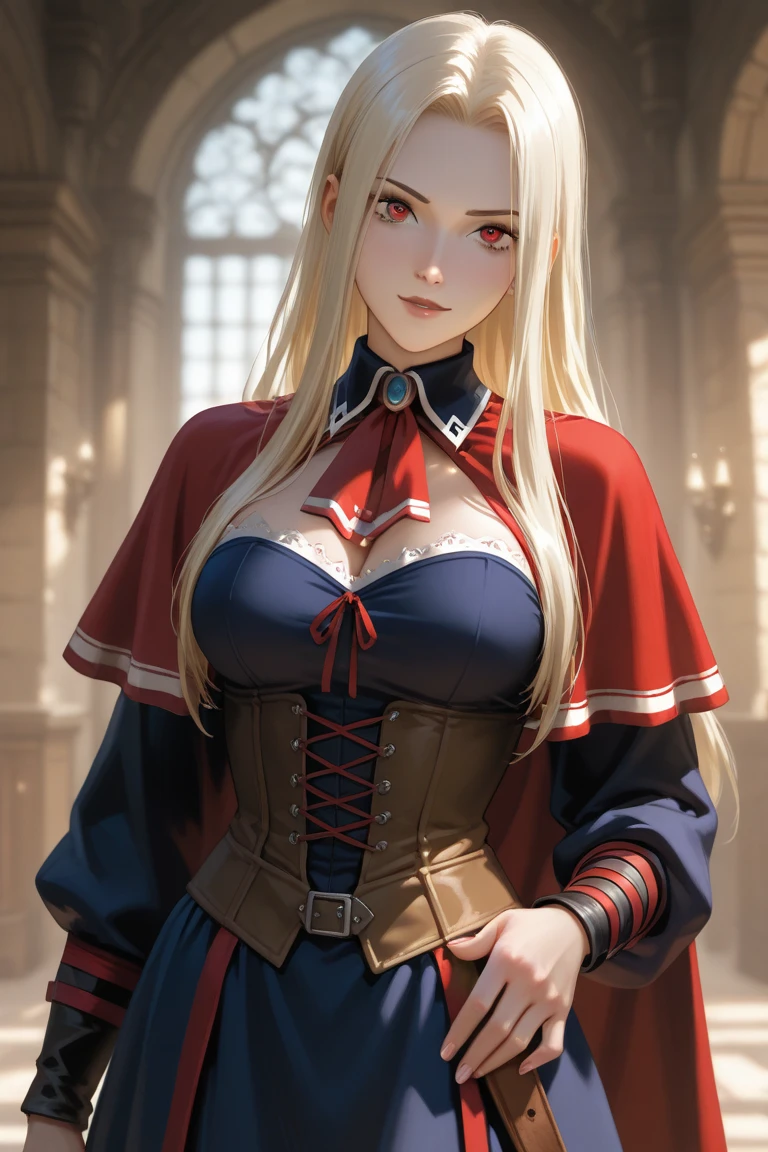 Woman with straight long hair and red lipstick, ekaterina, professional photograpy, 16 year woman,a blond、Medieval red color dress、Red extensions