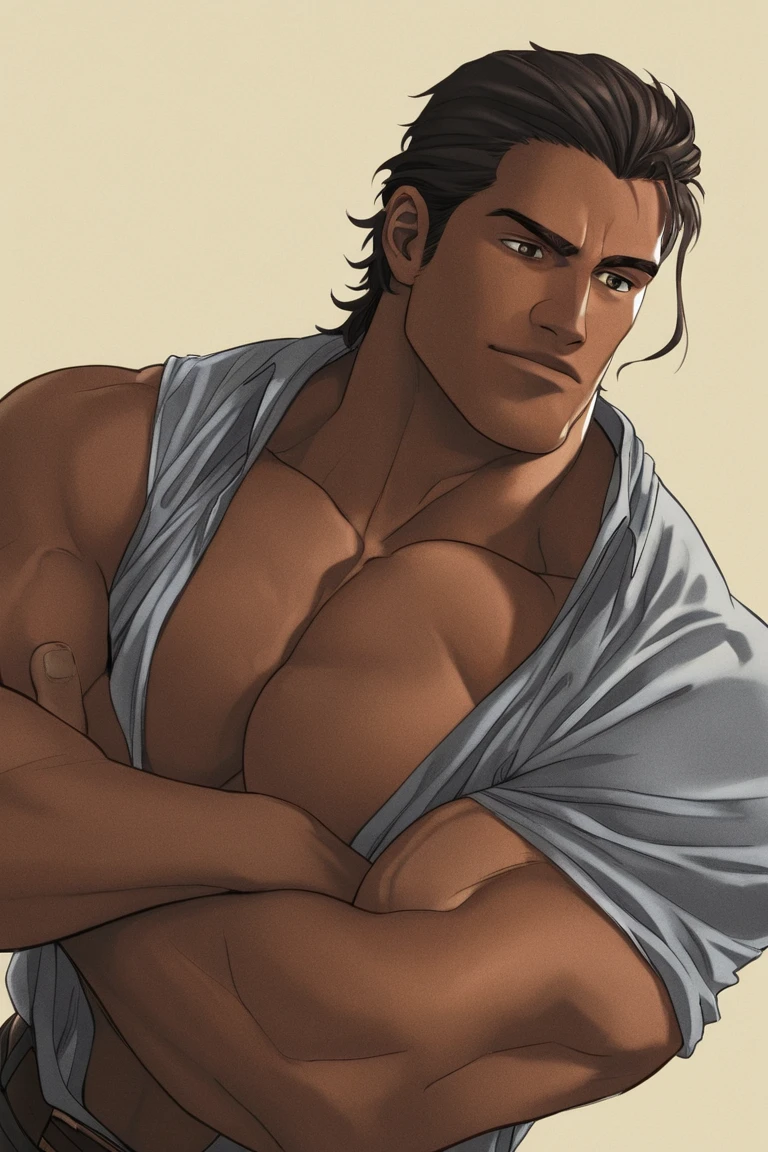 (best quality, sunset, defined muscles, large pectorals, shirtless:1.1, long hair, tan skin, tall, detailed physique, no clothing, sunset background, toned body)