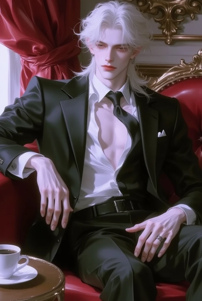 a drawing of an old man sitting in a chair in a living room, sick man, light grey skin, dirty greasy brunette hair, messy hair, inspired by leyendecker, sitting in his chair, intricate, clean lineart, clothed in posh dark gucci casual suit with gold details, detailed full body concept, full body character drawing, unrealistic character concept, sharp lineart, gucci photoshoot, beatnik style, emerald green and gold wooden furniture, old luxurious apartment background, leather shoes, alcohol bottles on table in background, Persian carpet, delicate rococo painting on wall in golden frame, bookshelf in background, dark room, dark colors, desaturated colors, creepy realistic eye details on furniture, man in his 60s, very detailed wrinkled face, eyebags, creepy atosphere, uneasy atmosphere,
