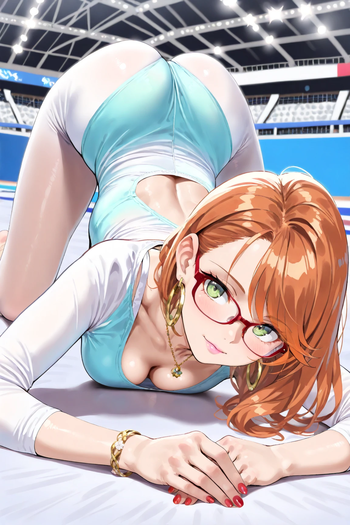 ((from front,front face)),(((nsfw))),1girl,masterpiece,best quality,beautiful detailed glow,film Reflection, Voluptuous,glamorous,Chubby,thicc,curvy,Leggy,Tall,hanging breasts,1 grandma,glasses,(((rhythmic sports gymnastics uniform))),from front,front face, squatting,Lie on your back,spread legs,hands up,(lying, on back:1.5),(((public hair))),(30 year old woman,mature female:1.2),Detailed beautiful eyes,looking at viewer,makeup,(((chignon))),moody face,bashful,embarrassed,fishnet tights,break,condom in mouth,