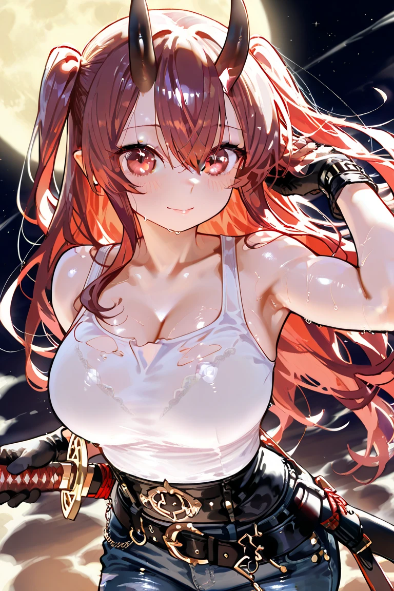 a girl wearing sexy bdsm leather with a lot of straps, 1girl, (strap gap:1.2), restrraint strap, navel, head tilt, super detailed long shadow, leather harness, dominance pose, (realistic:1.3), detailed face, dynamic angles, large breasts,