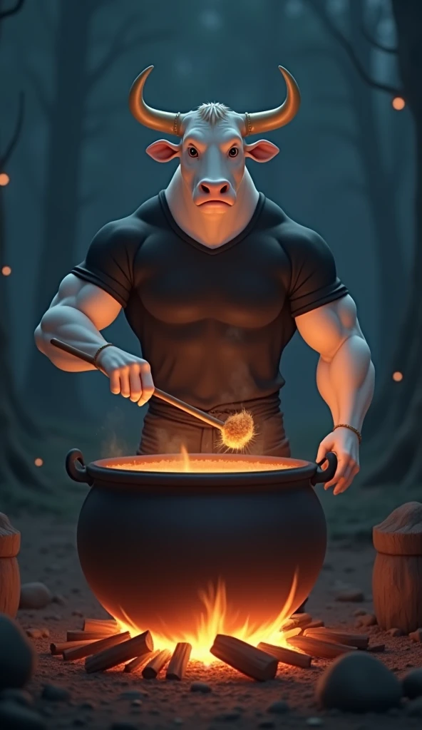 Bokoblin, standing, blue eyes, soft light, (by campfire), night, (dark), dark background