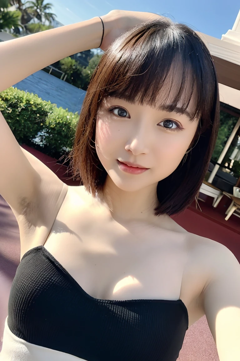Highest quality, masterpiece, Ultra-high resolution,8K, (Realistic:1.6), (Selfie portrait) RAW Photos, 1 Girl,(Full of smiles, Showing teeth)), 22 years old,((Belly button fashion)),((Miniskirt Uniform)),((short hair)),((Looking up at the audience)),Face Focus:1.4,((Shooting from below:1.4)),((Sun shining in the blue sky)),